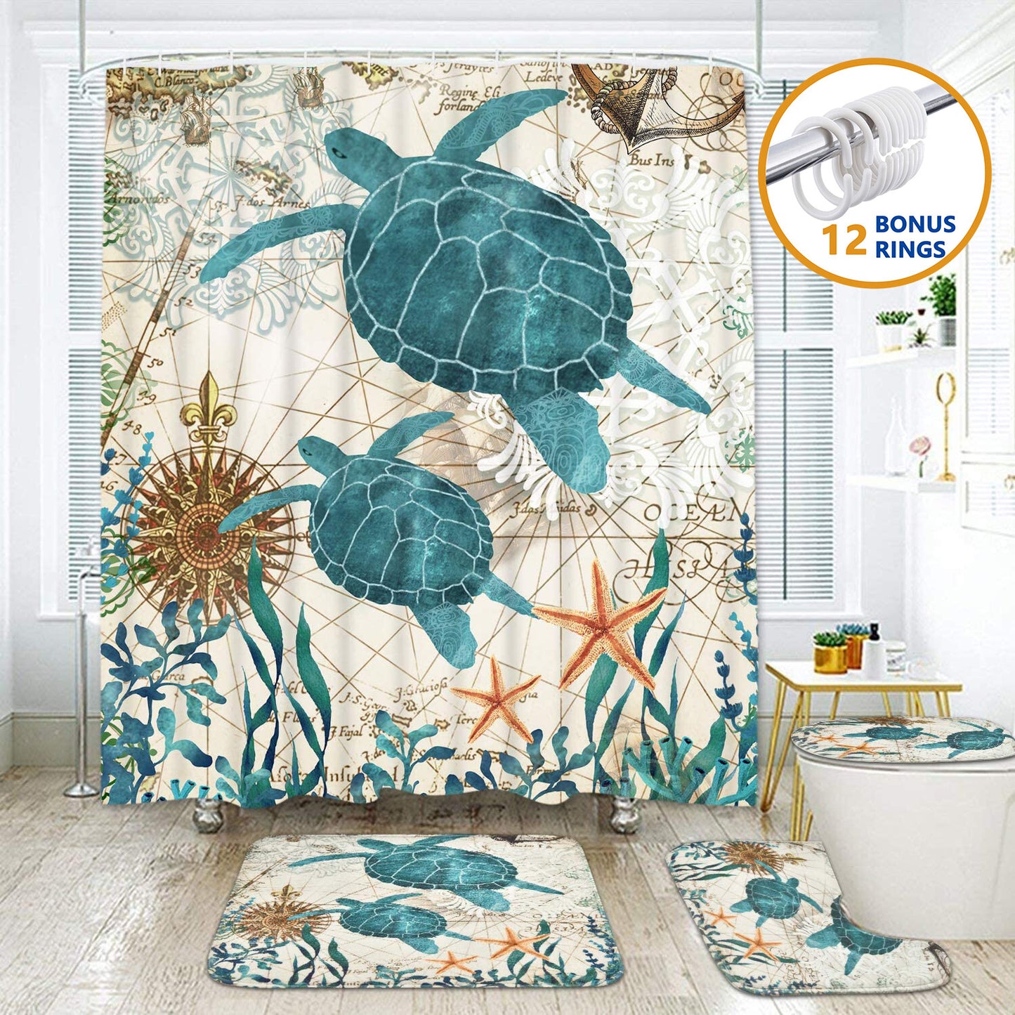 FRAMICS Sea Turtle Shower Curtain and Rug Sets, 16 Pc Blue Ocean Creature Landscape Bathroom Sets, Waterproof Fabric Shower Curtain with 12 Hooks and Toilet Rugs