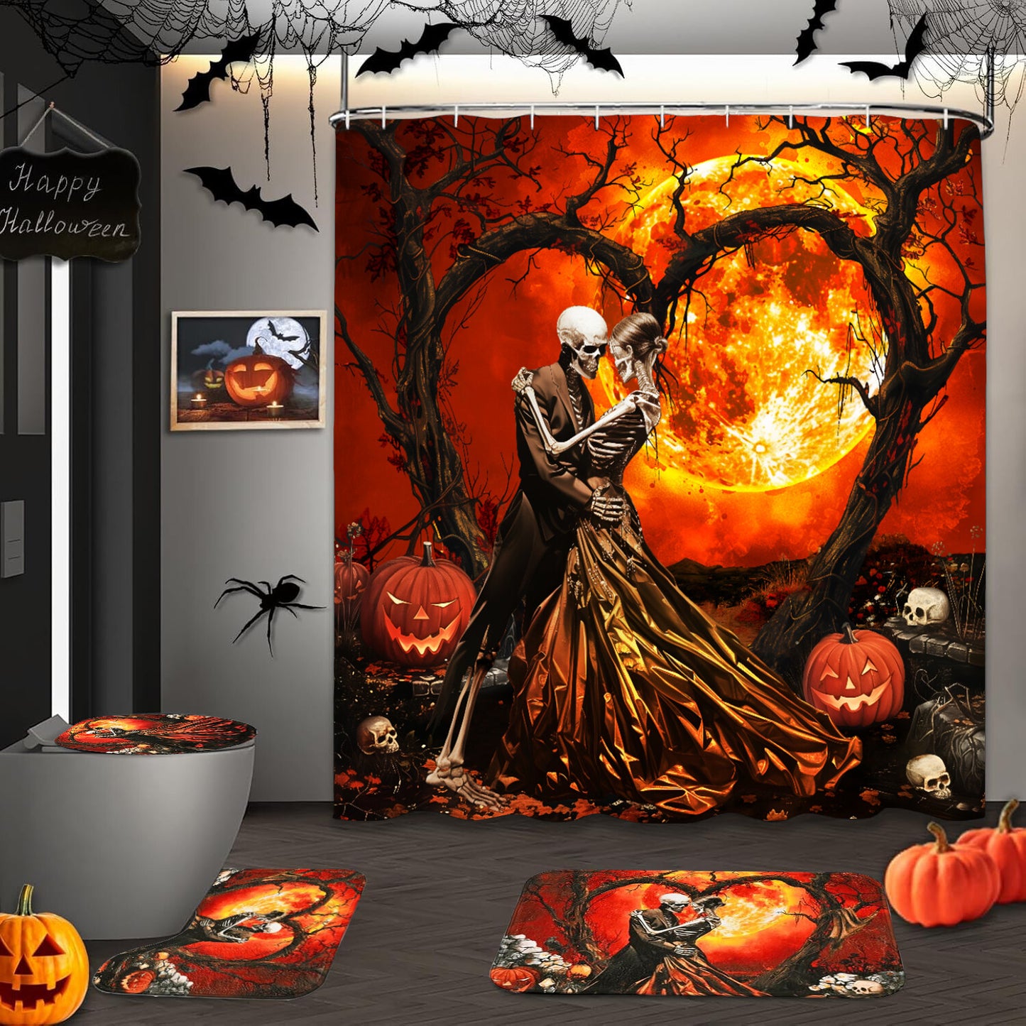 FRAMICS Halloween Skull Shower Curtain Sets with Rugs, 16 Pc Horror Skeleton Couple Bathroom Sets, Orange Waterproof Fabric Bathroom Curtain Decor with Hooks