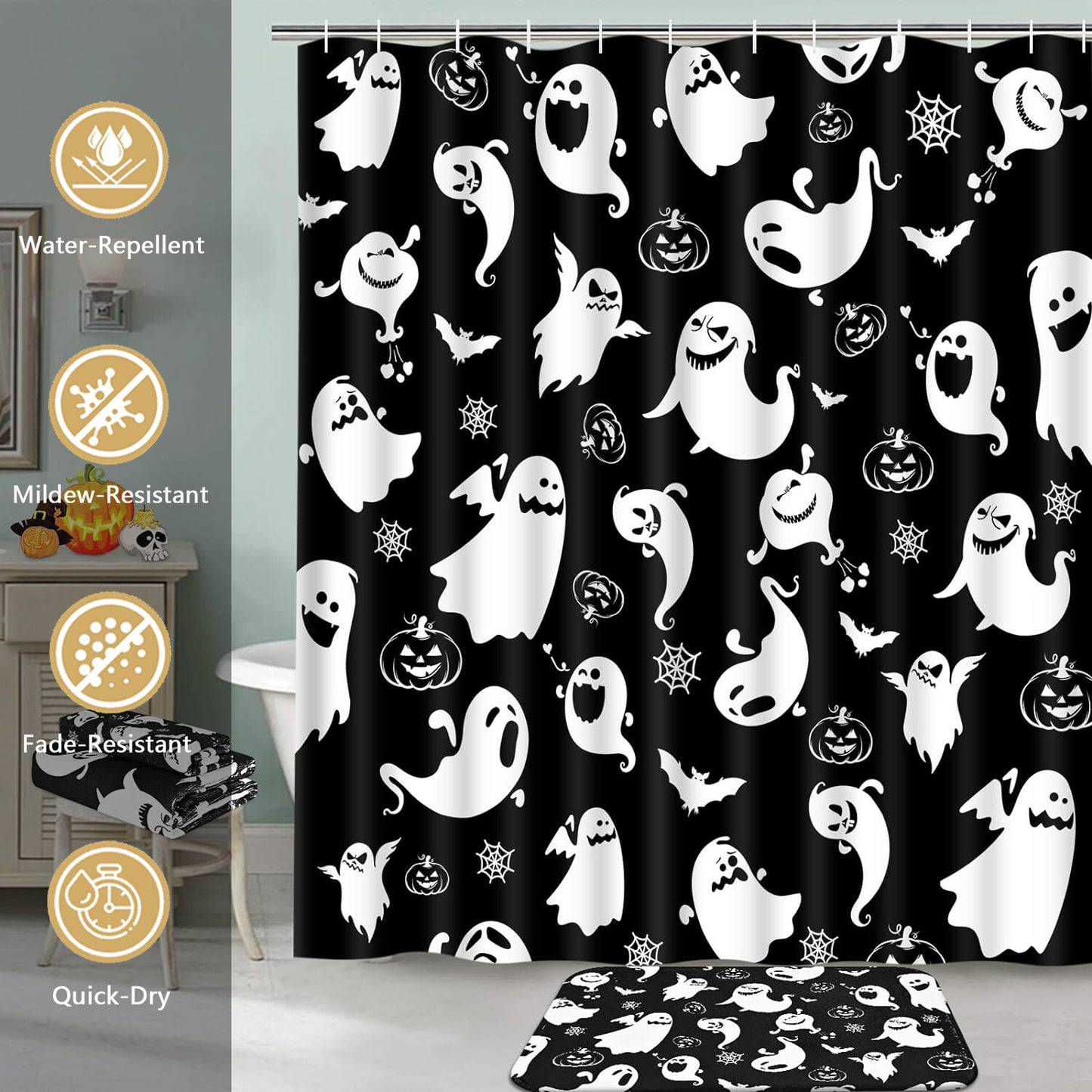 FRAMICS Halloween Ghost Shower Curtain Sets with Rugs and Accessories, 16 Pc Funny Spook Bathroom Sets, Black White Waterproof Fabric Shower Curtain with 12 Hooks and Toilet Rugs