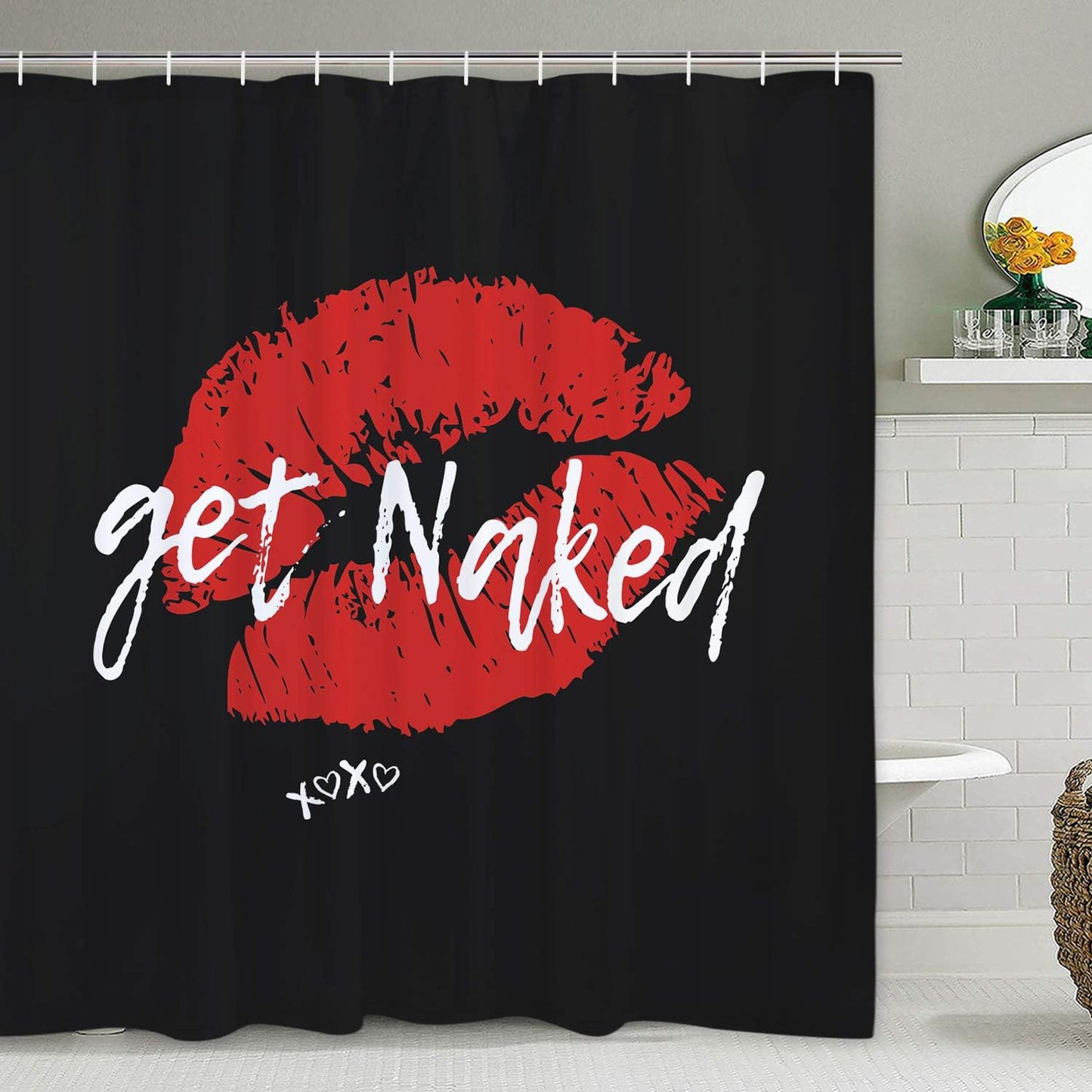 FRAMICS Red Sexy Lips Shower Curtain and Rug Sets, 16-Piece Get Naked Bathroom Shower Curtain Sets, Waterproof Fabric Shower Curtain with 12 Hooks and Toilet Rugs
