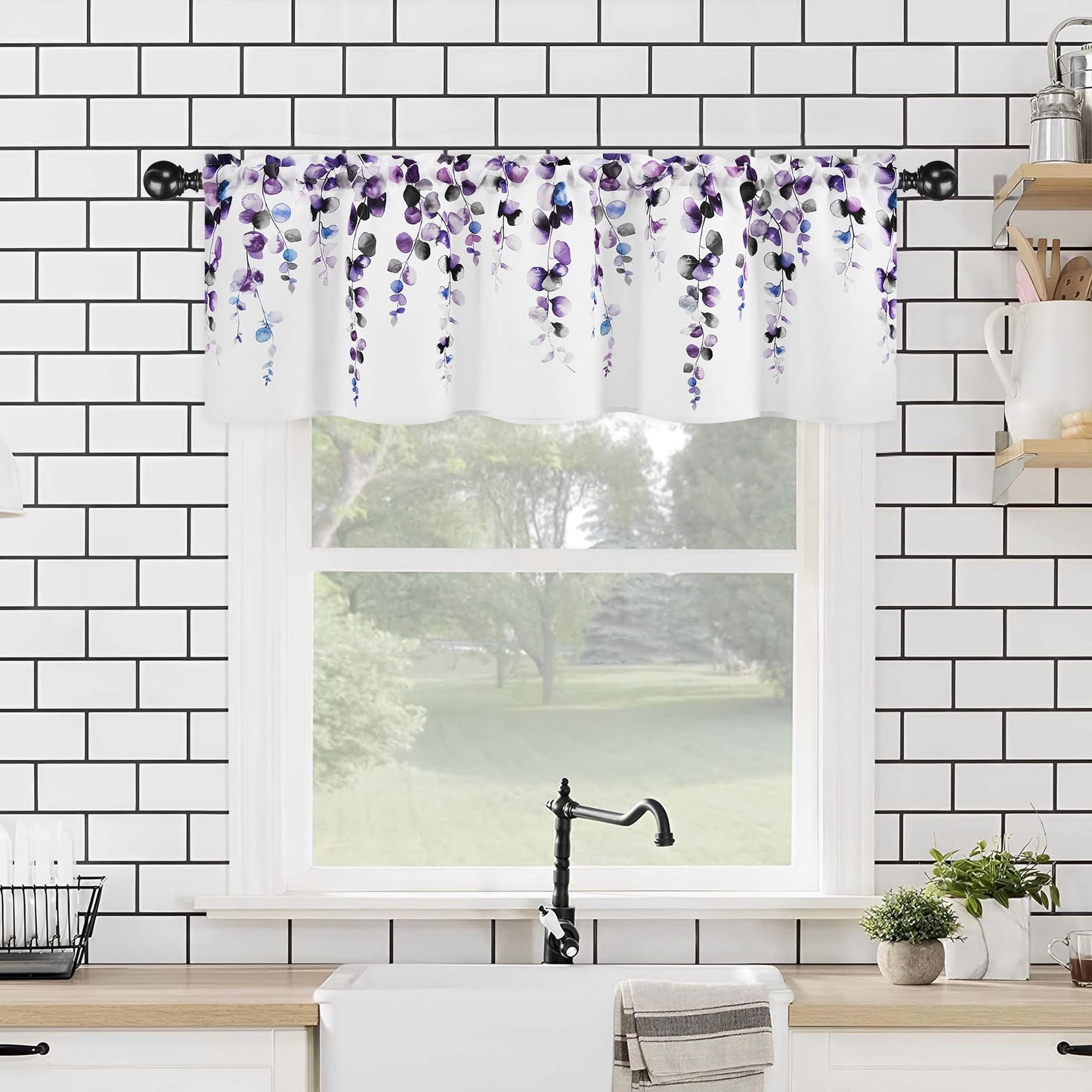 Alishomtll Valance Curtains for Living Room Bedroom Kitchen Windows Grey Purple Watercolor Leaves Print ,52 x 18 inch,Rod Pocket