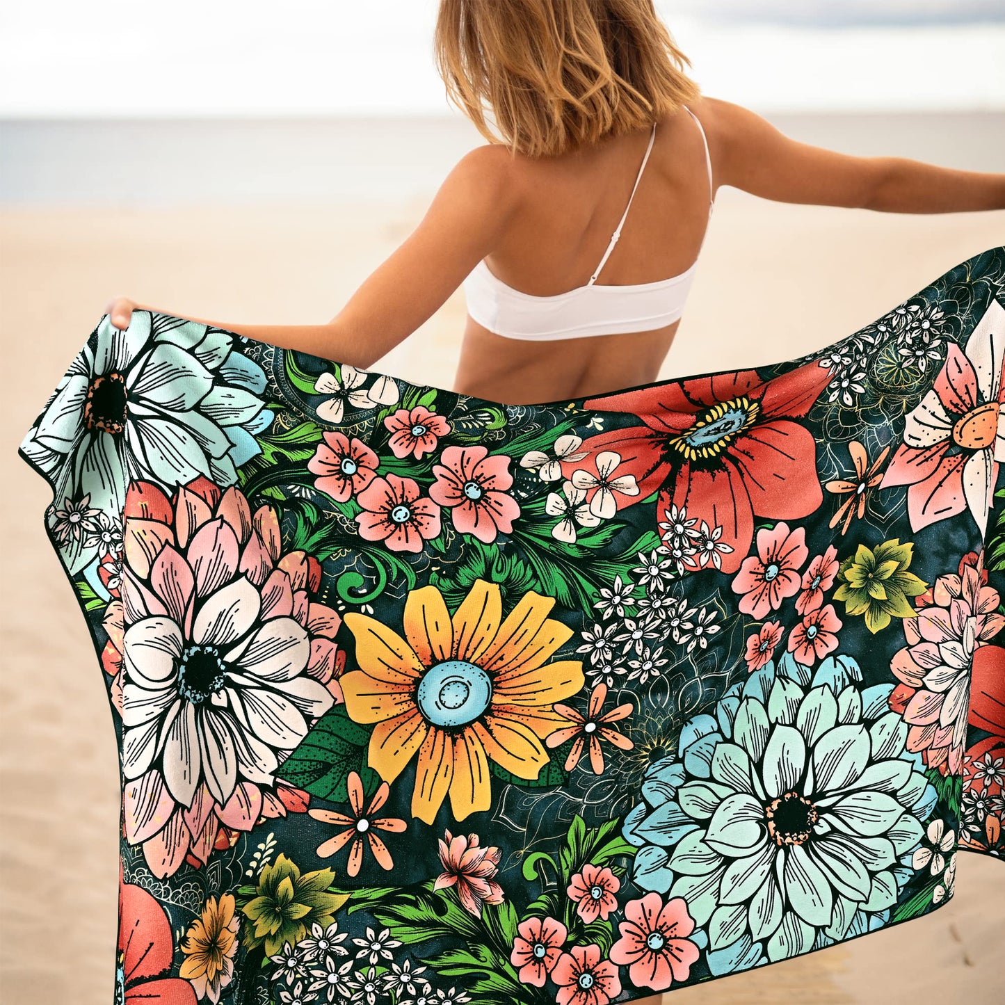 Alishomtll Boho Floral Bath Towels 3Pcs Bathroom Towels Sets Include Bath Towel, Hand Towel and Washcloth,Bohemian Watercolor Flower Print