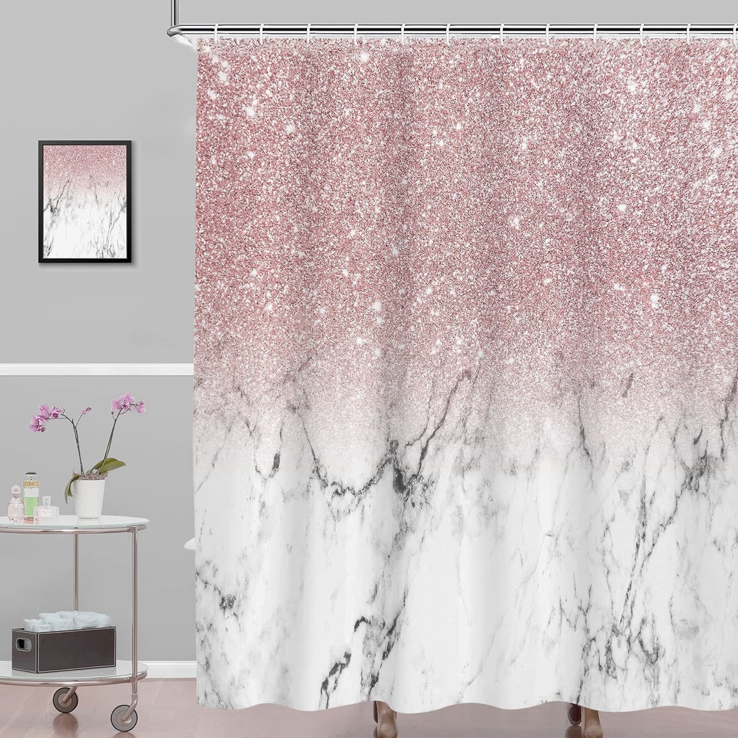 FRAMICS Pink Shiny (No Glitter) Marble Shower Curtain and Rug Sets, 16-Piece Modern Bathroom Sets, Waterproof Fabric Shower Curtain with 12 Hooks and Toilet Rugs