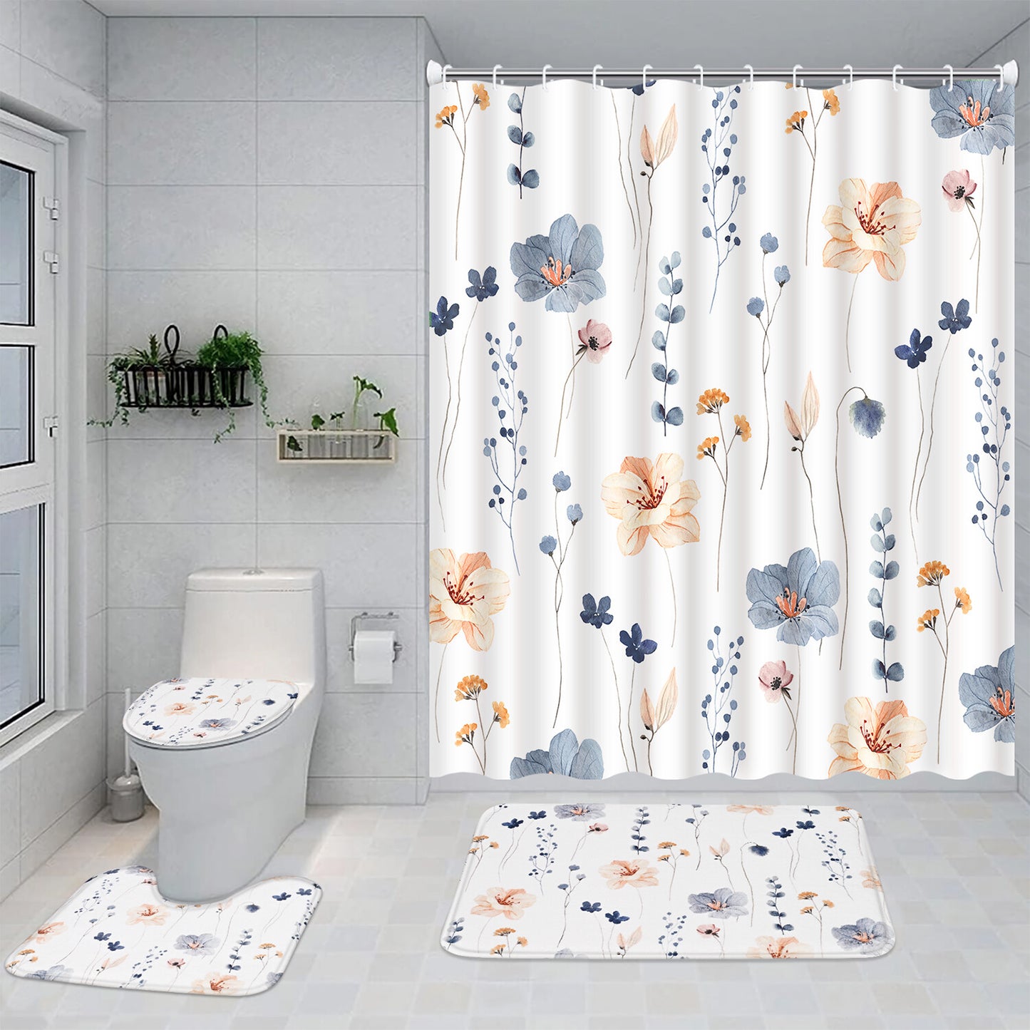 FRAMICS Watercolor Floral Shower Curtain Sets with Rugs, 16 Pc Blue Beige Flower Bathroom Sets, Minimalist White Waterproof Fabric Bathroom Curtain Decor with Hooks