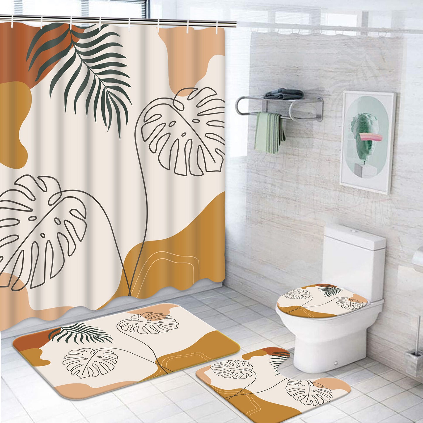 FRAMICS Boho Mid Century Shower Curtain and Rug Sets, 16 Pc Modern Abstract Geometric Bathroom Sets, Brown Waterproof Fabric Shower Curtain Sets with 12 Hooks