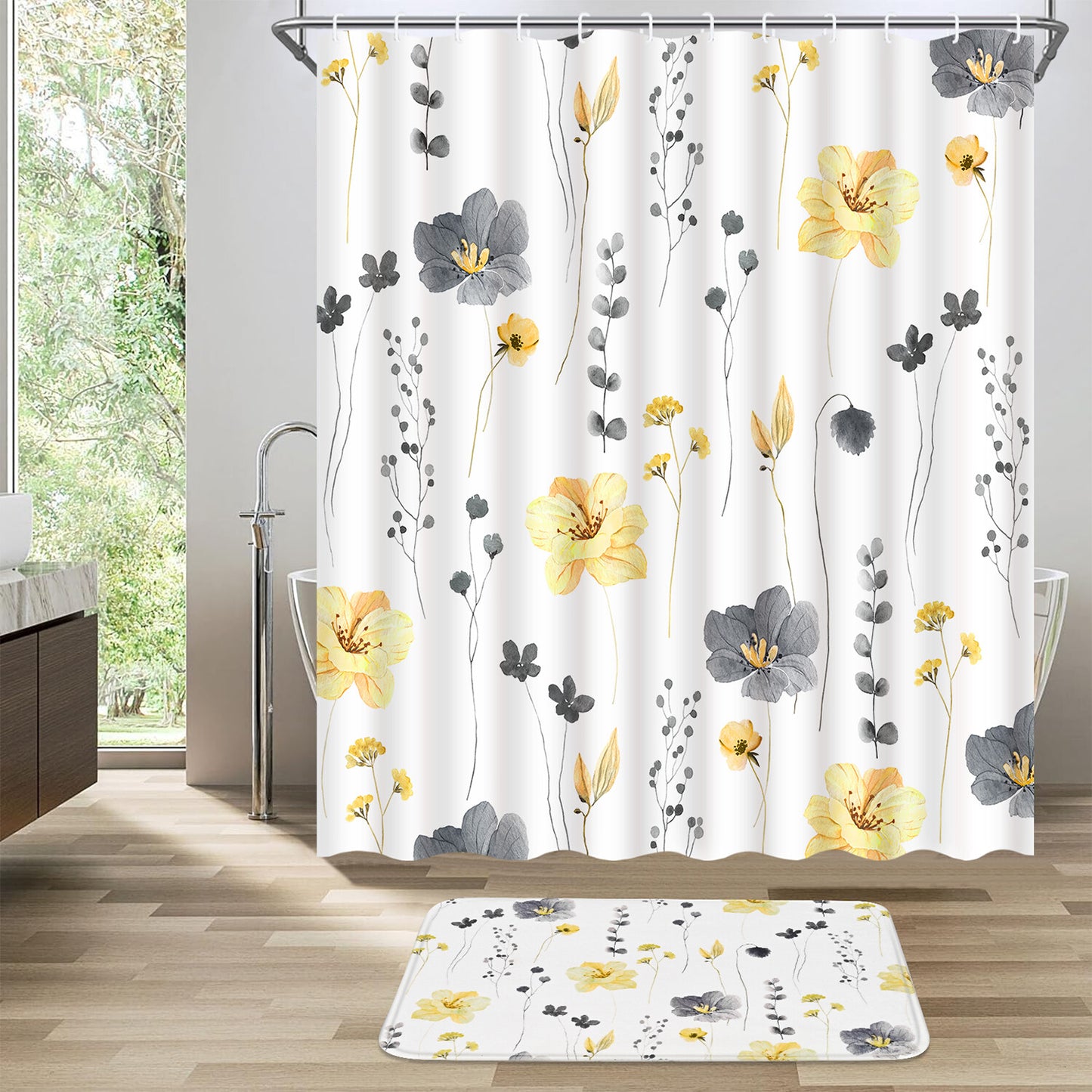 FRAMICS Yellow Grey Floral Shower Curtain Sets, 16 Pc Watercolor Flower Bathroom Sets with Rugs, Modern Minimalist White Waterproof Fabric Bathroom Curtain Decor with Hooks