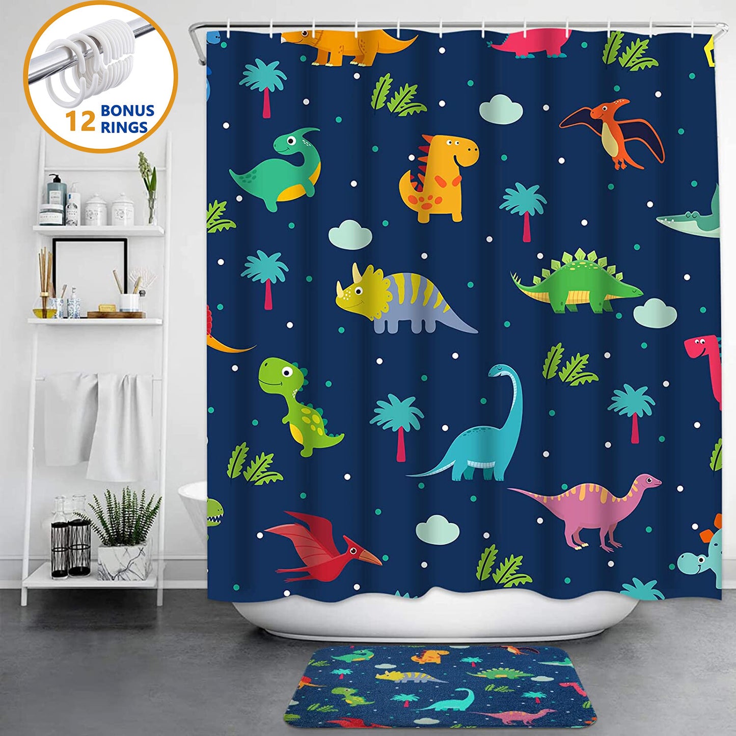 FRAMICS 16 Pc Kids Cartoon Dinosaur Shower Curtain and Rug Sets, Blue Cute Bathroom Sets, Waterproof Fabric Shower Curtain with 12 Hooks and Toilet Rugs