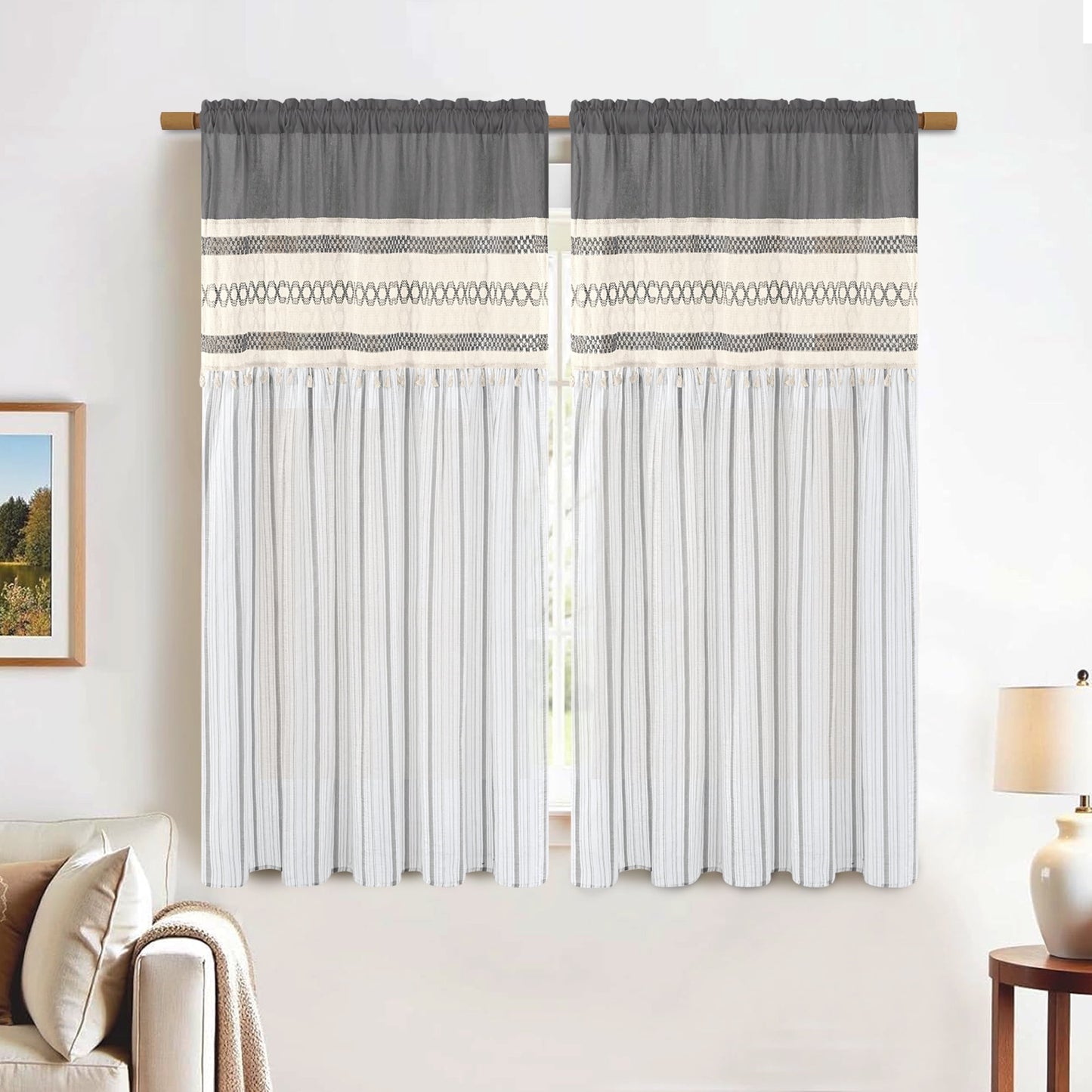 Alishomtll Boho Linen Light Filtering Curtains 84 Inches Long Farmhouse Rustic Striped Drapes Macrame Burlap ,Rod Pocket ,Beige ,with Tassel