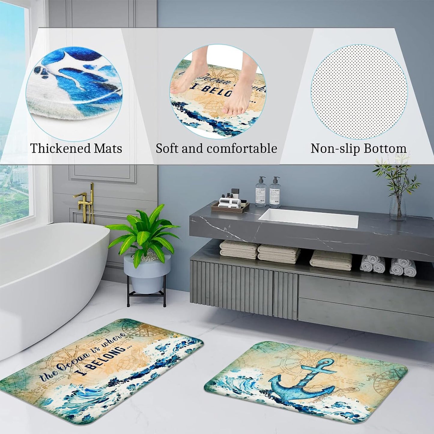 FRAMICS 15 Pc Nautical Ocean Bathroom Sets, Coastal Beach Shower curtain Sets with Non-Slip Rugs, Brown Waterproof Fabric Shower Curtain with Bath Mat and 12 Hooks