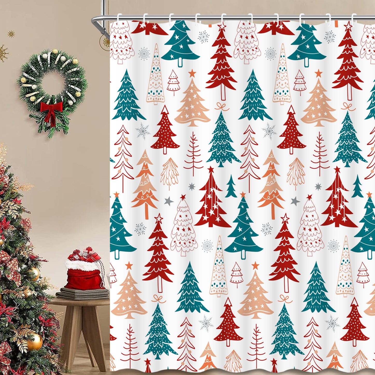 FRAMICS Christmas Shower Curtain Sets with Rugs, 16 Pcs Xmas Tree Snowflake Bathroom Sets, Waterproof Fabric Bathroom Curtain for Home Holiday Decor with Hooks