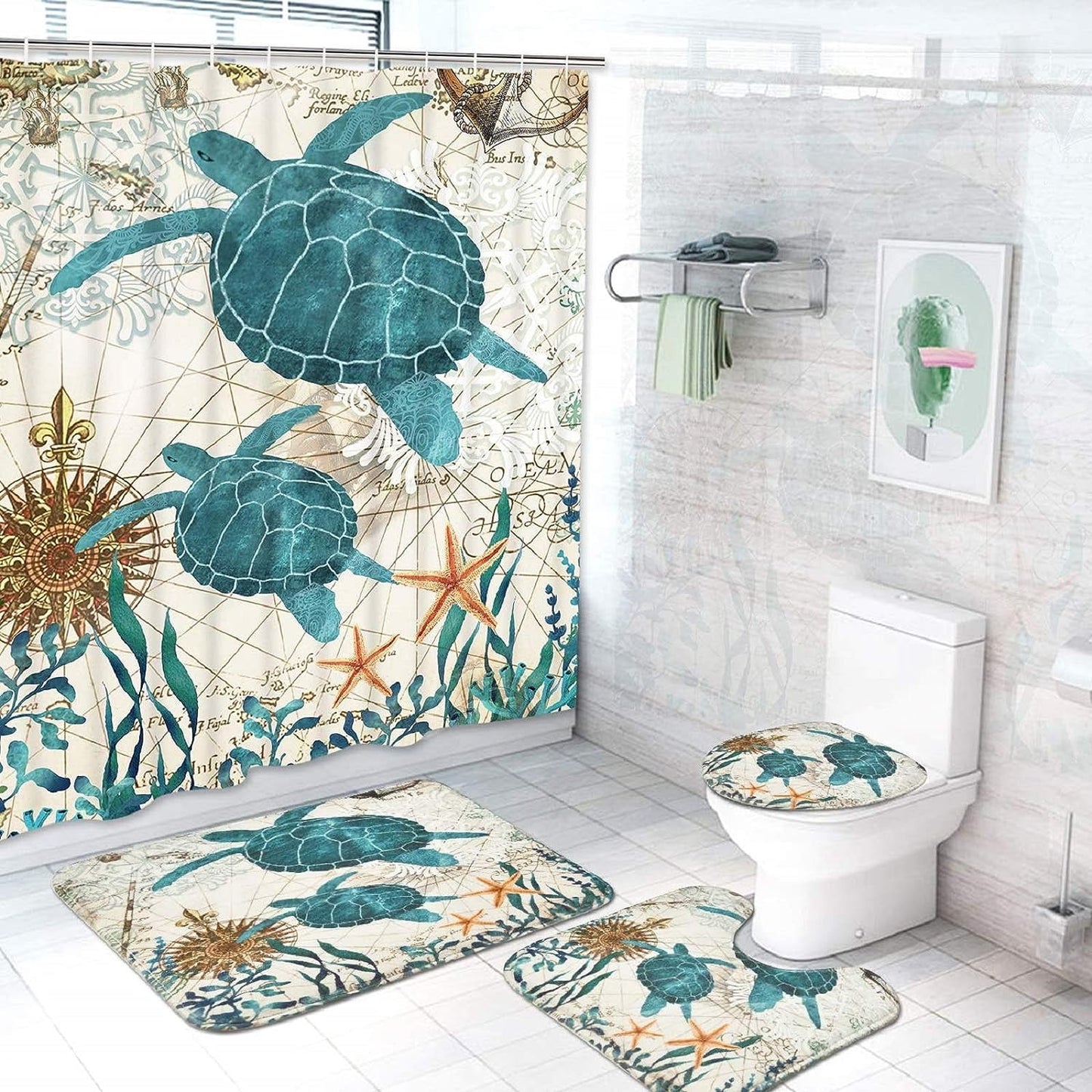 FRAMICS Sea Turtle Shower Curtain and Rug Sets, 16 Pc Blue Ocean Creature Landscape Bathroom Sets, Waterproof Fabric Shower Curtain with 12 Hooks and Toilet Rugs