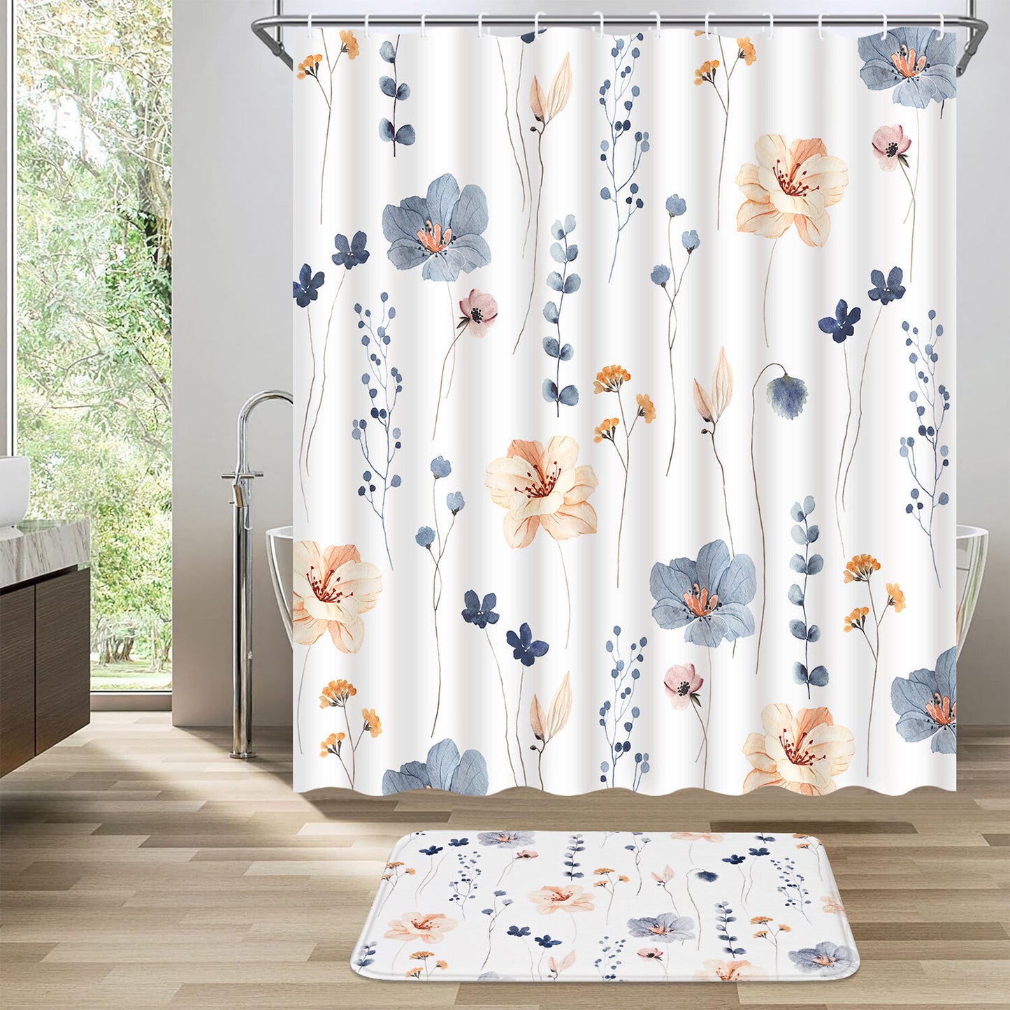 FRAMICS Watercolor Floral Shower Curtain Sets with Rugs, 16 Pc Blue Beige Flower Bathroom Sets, Minimalist White Waterproof Fabric Bathroom Curtain Decor with Hooks