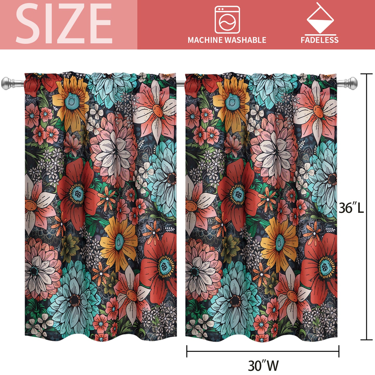 Alishomtll Boho Floral Print Kitchen Curtains 36 Length Sets for Small Window,2 Panels,Rod Pocket
