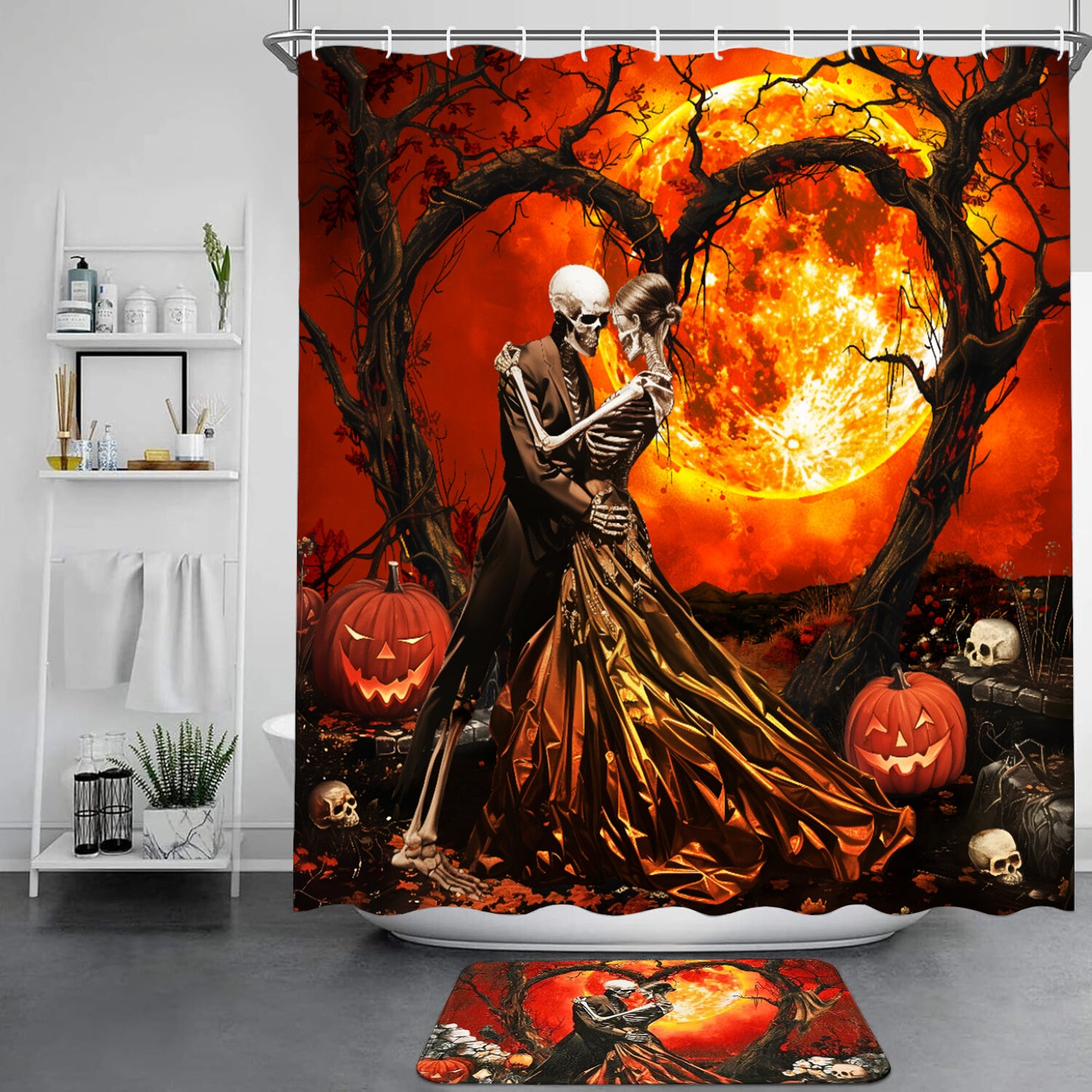 FRAMICS Halloween Skull Shower Curtain Sets with Rugs, 16 Pc Horror Skeleton Couple Bathroom Sets, Orange Waterproof Fabric Bathroom Curtain Decor with Hooks