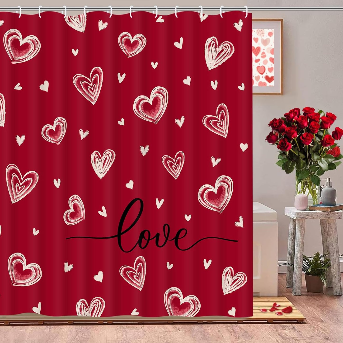 FRAMICS Valentine's Day Shower Curtain Sets with Rugs, 16 Pc Love Heart Romantic Bathroom Sets, Red Waterproof Fabric Bathroom Curtain Decor with Hooks