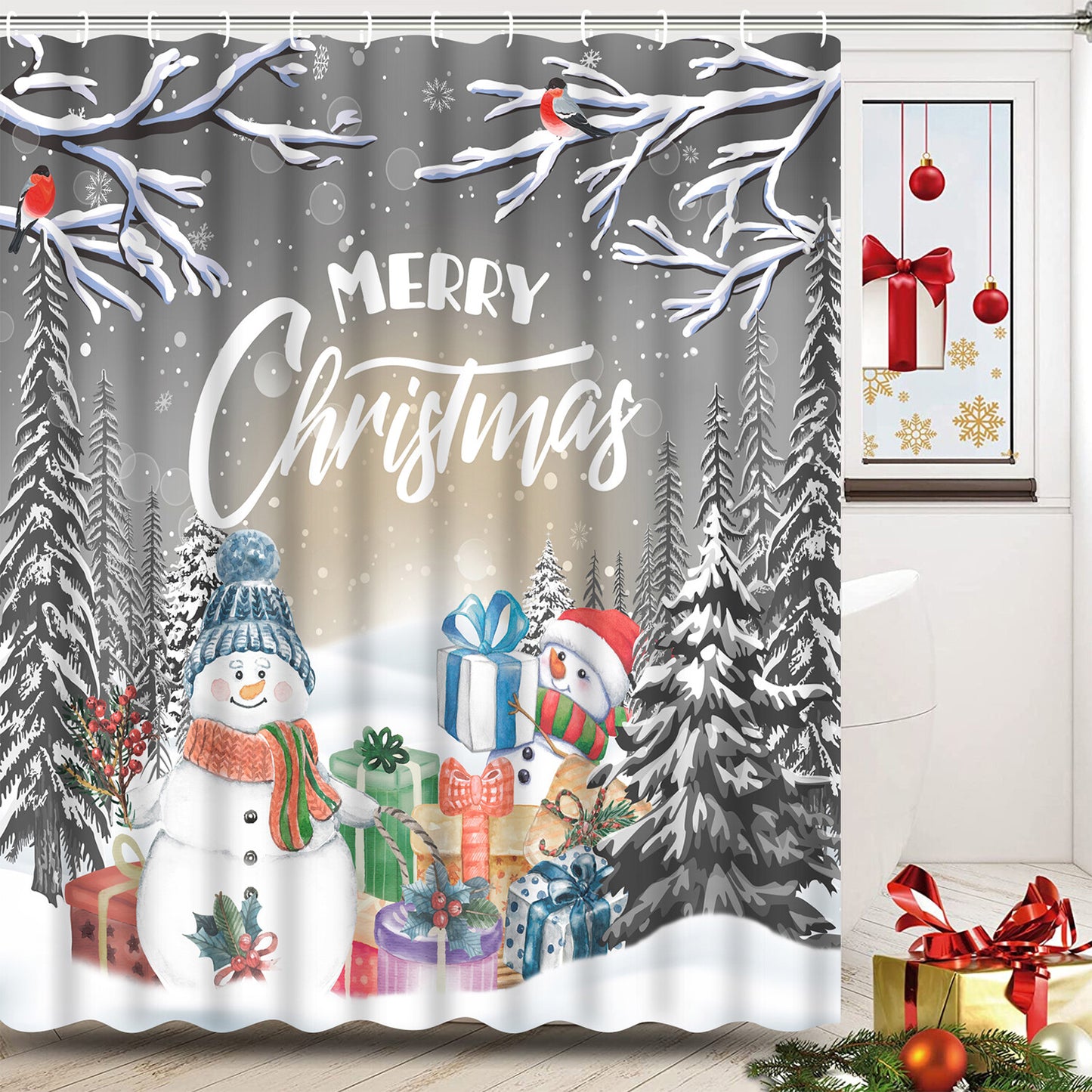 FRAMICS Merry Christmas Shower Curtain Sets with Rugs, Snowman Snowflake Bathroom Decor Set, Silver Grey Xmas Trees Gift Waterproof Fabric Shower Curtain with 12 Hooks and Toilet Rugs