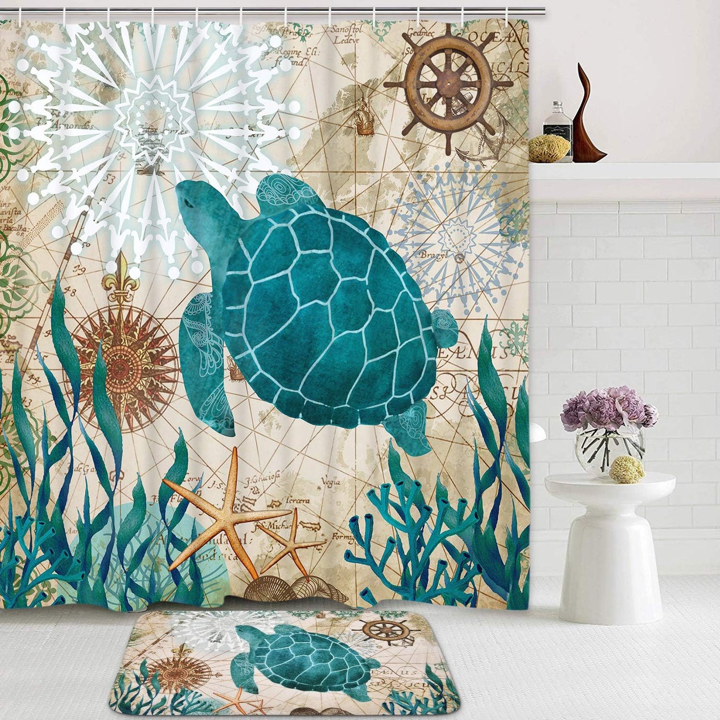 FRAMICS Sea Turtle Shower Curtain and Rug Sets, 16 Pc Blue Nautical Ocean Bathroom Sets, Waterproof Fabric Shower Curtain with 12 Hooks and Toilet Rugs