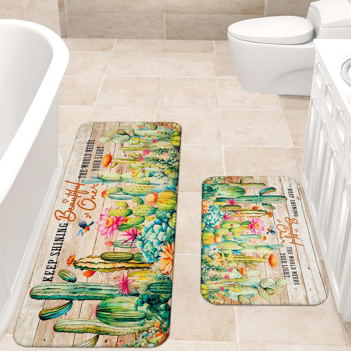 FRAMICS 15 Pc Cactus Shower Curtain Sets, Tropical Succulent Bathroom Sets with Non-Slip Rugs, Rustic Wooden Board Waterproof Fabric Shower Curtain with Bath Mat and 12 Hooks