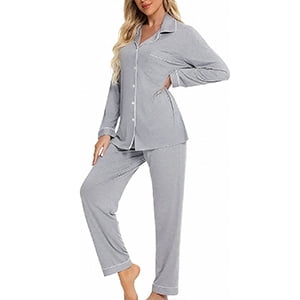 Mecto Women's V-Neck Long Sleeve Pajama Set 2-Piece Soft Regular Fit Sleepwear Casual Loungewear Comfort Nightwear PJ Set