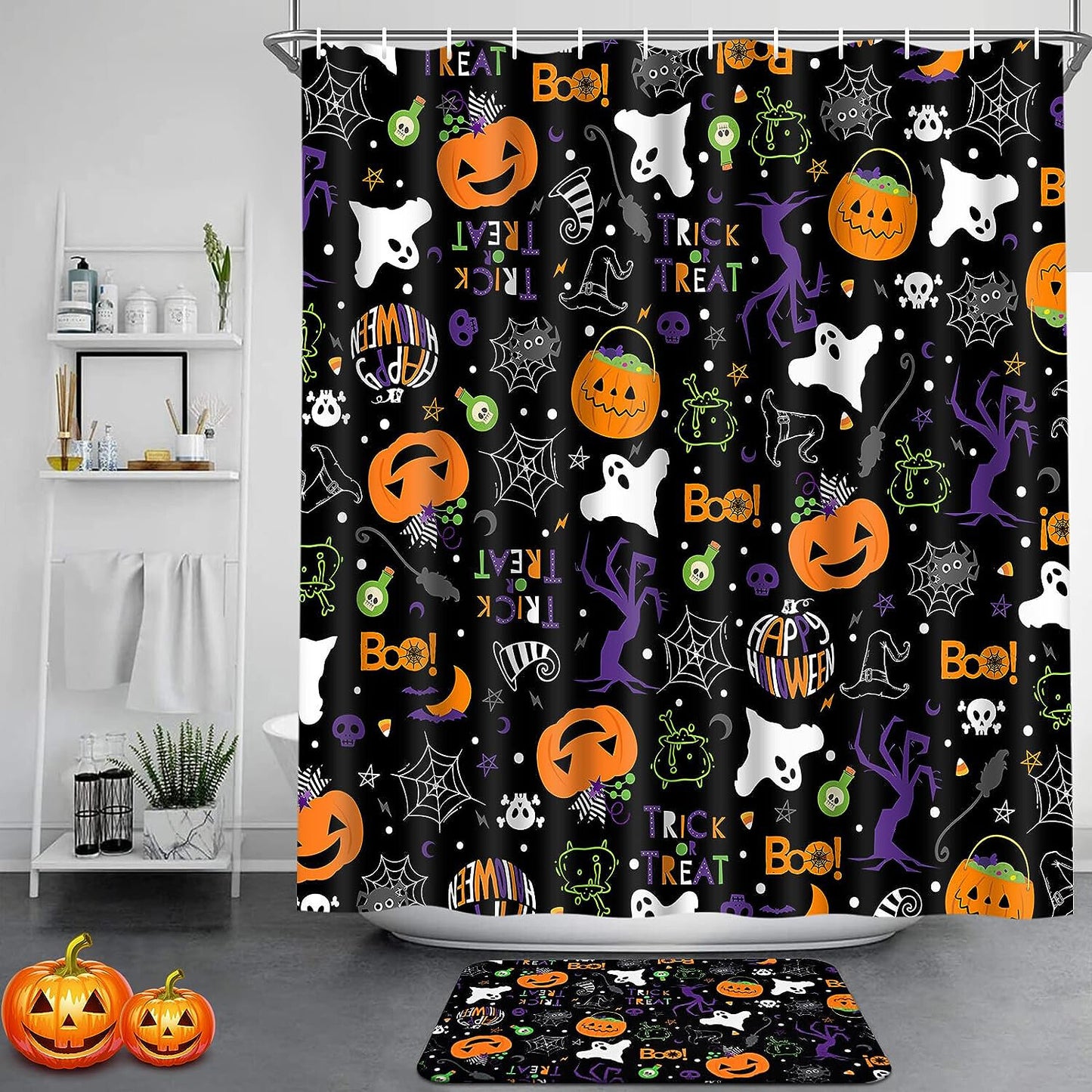 FRAMICS Halloween Shower Curtain Sets with Rugs, 16 Pc Pumpkin Spooky Ghost Bathroom Sets, Black Waterproof Fabric Shower Curtain with 12 Hooks and Toilet Rugs