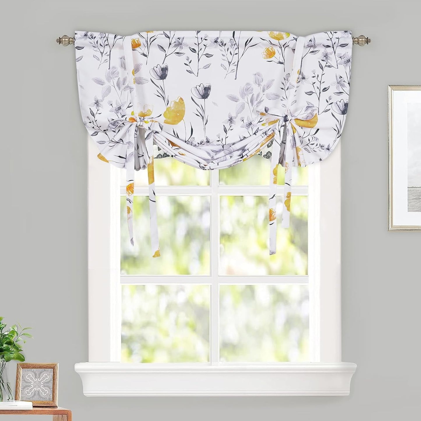 Alishomtll Yellow Gray Watercolor Floral Printed Balloon Adjustable Tie Up Valances Curtains, 42 x 63 Inch