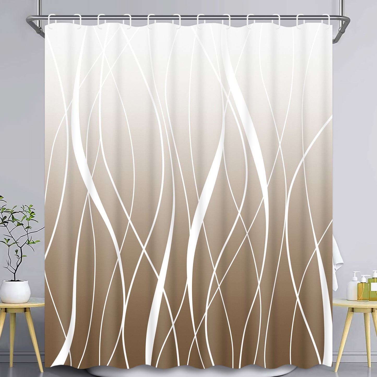 FRAMICS 15-Piece Ombre Brown Bathroom Sets with Shower Curtain and Rugs, Waterproof Fabric Striped Gradient Shower Curtain Sets, 72" x 72"