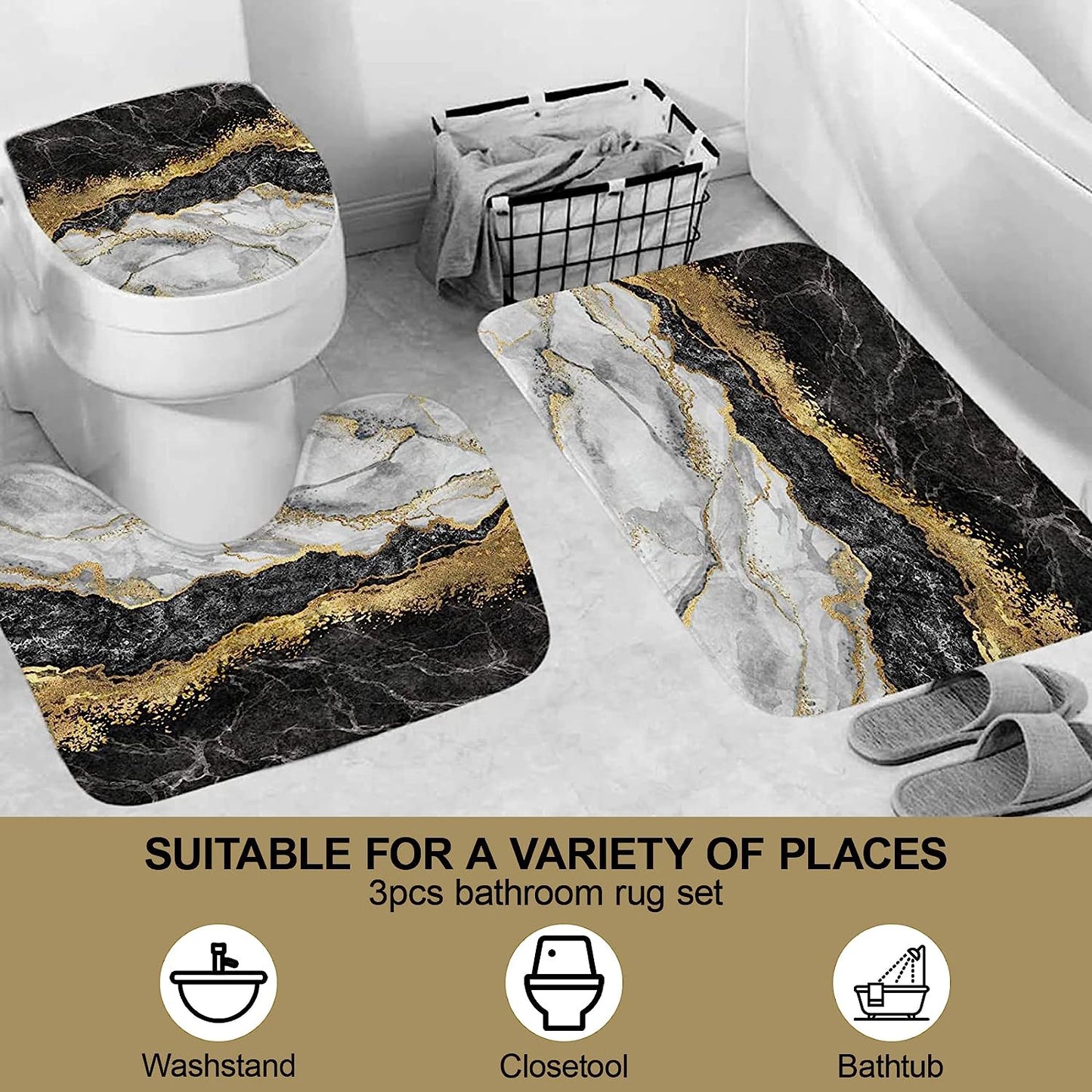 FRAMICS Black Gold Marble Shower Curtain and Rug Sets, 16 Pc Modern Bathroom Sets, Waterproof Fabric Shower Curtain with 12 Hooks and Toilet Rugs