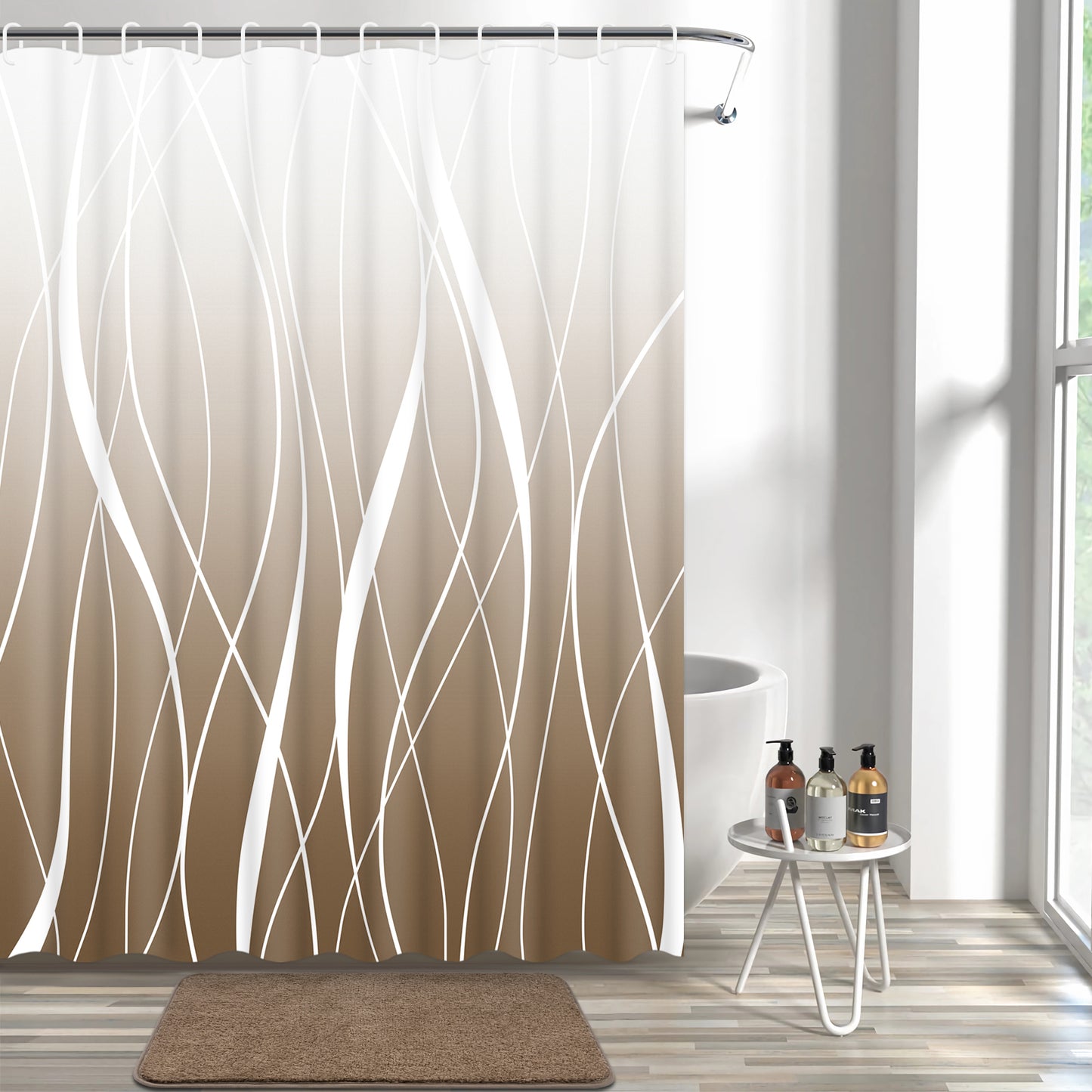 FRAMICS 15-Piece Ombre Brown Bathroom Sets with Shower Curtain and Rugs, Waterproof Fabric Striped Gradient Shower Curtain Sets, 72" x 72"