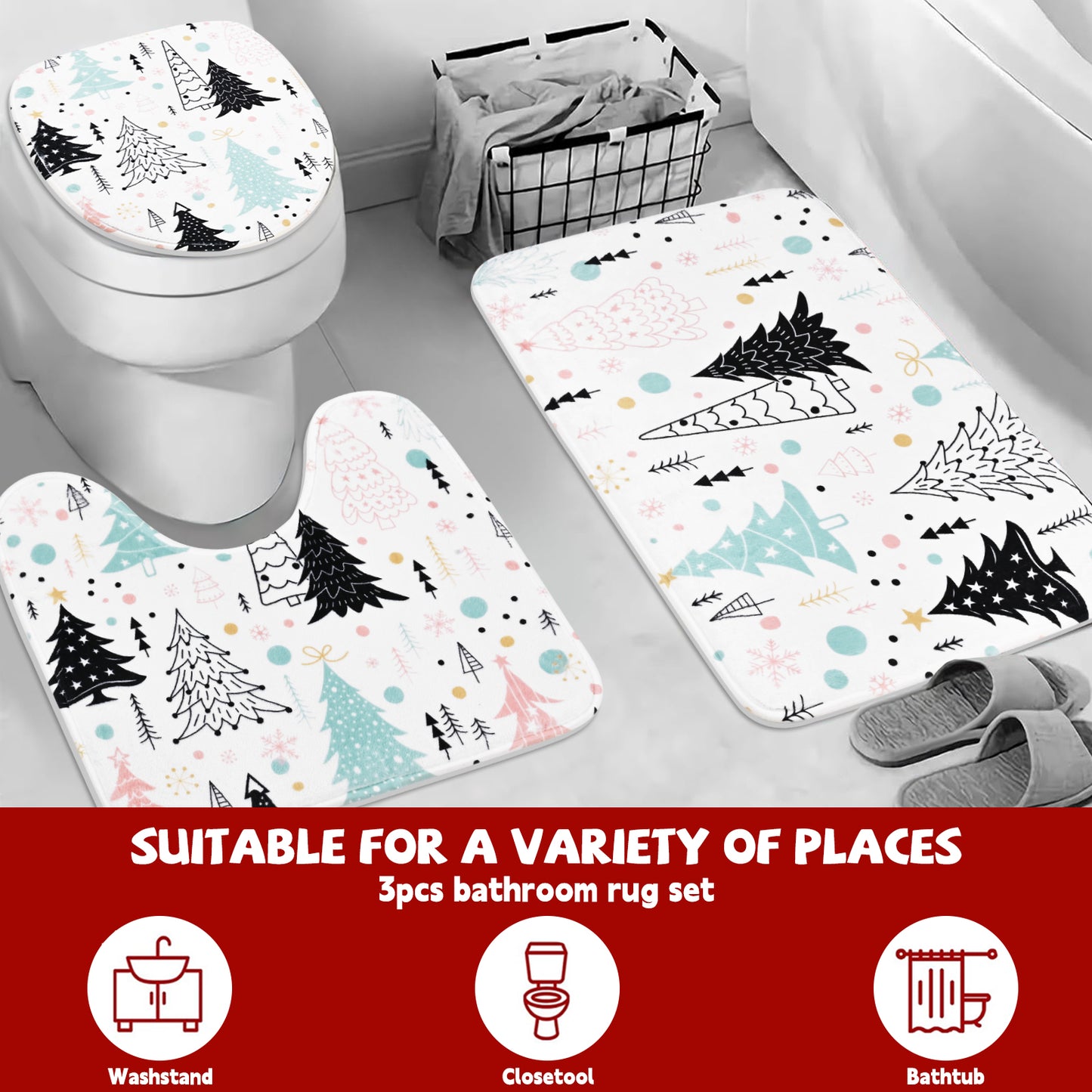 FRAMICS Christmas Shower Curtain Sets with Rugs, 16 Pcs Xmas Tree Bathroom Sets, Waterproof Fabric Bathroom Curtain for Home Holiday Decor with Hooks