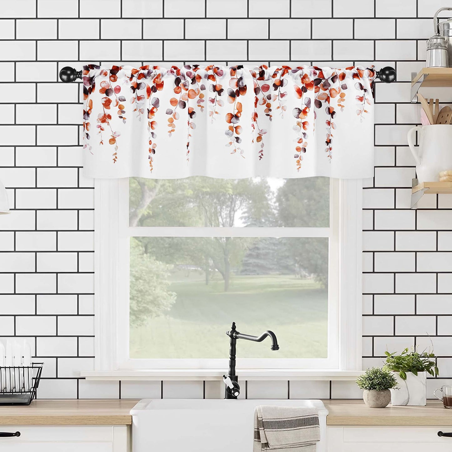 Alishomtll Fall Autumn Valance Curtains for Living Room Bedroom Kitchen Windows Grey Orange Watercolor Leaves Print ,52 x 18 inch,Rod Pocket