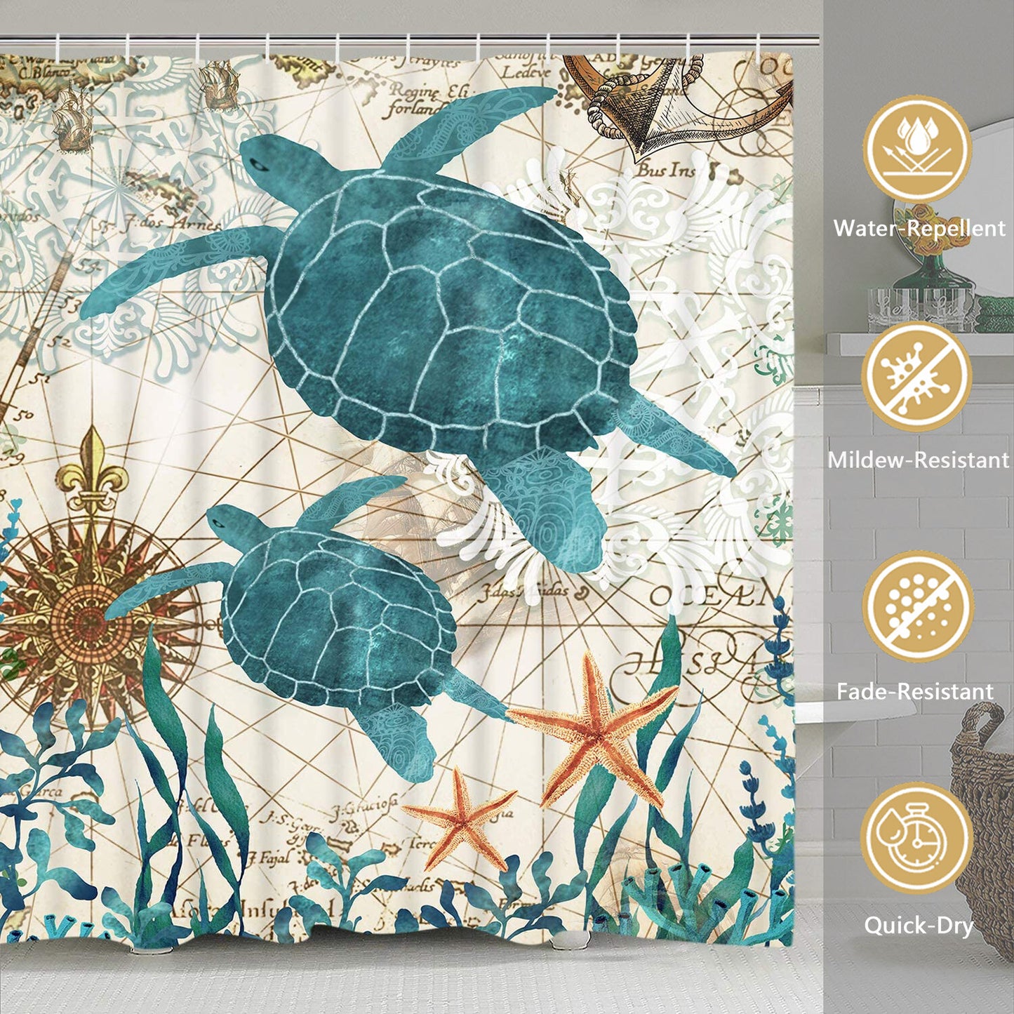 FRAMICS Sea Turtle Shower Curtain and Rug Sets, 16 Pc Blue Ocean Creature Landscape Bathroom Sets, Waterproof Fabric Shower Curtain with 12 Hooks and Toilet Rugs