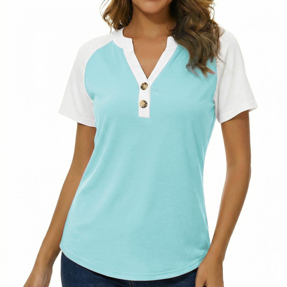Gingprous Women's Casual Henley Shirt Short Sleeve Color Block Button Up V-Neck Tee Tops for Summer