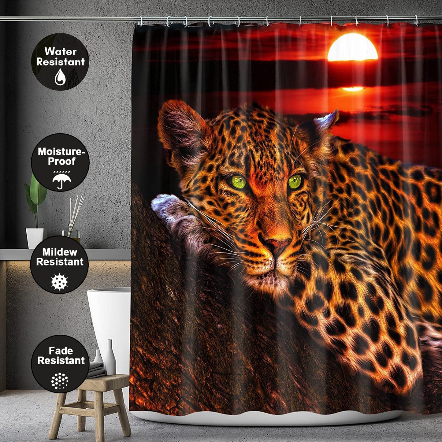FRAMICS Leopard Cheetah Shower Curtain and Rug Sets, 16 Pc Brown Moon Bathroom Sets, Waterproof Fabric Shower Curtain with 12 Hooks and Toilet Rugs