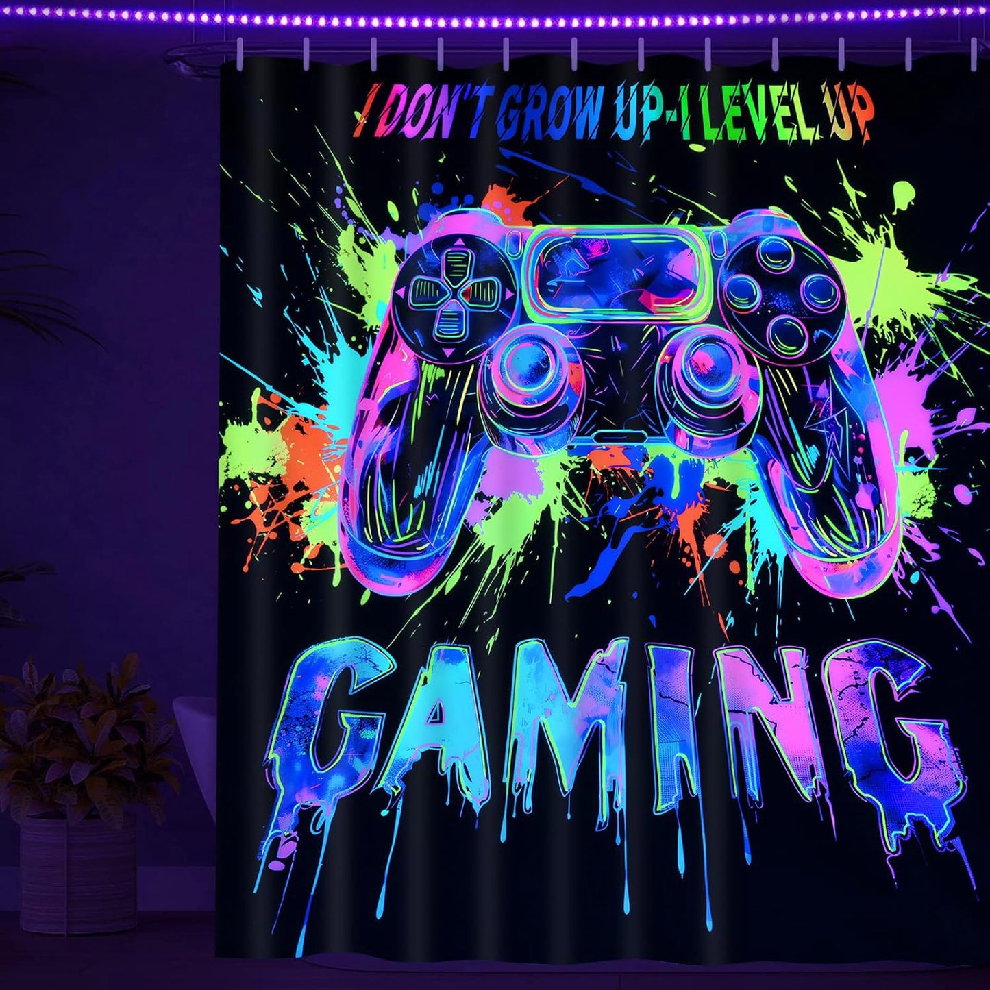 FRAMICS Blacklight Gaming Shower Curtain Sets with Rugs, 16 Pc Videogames Gamepad Bathroom Sets, Waterproof Fabric Bathroom Curtain Decor with Hooks for Boys Kids