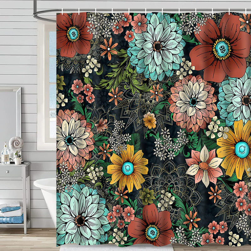 FRAMICS 16 Piece Boho Flower Shower Curtain and Rug Sets, Colorful Paisley Floral Bathroom Sets, Retro Waterproof Fabric Shower Curtain with 12 Hooks and Toilet Rugs
