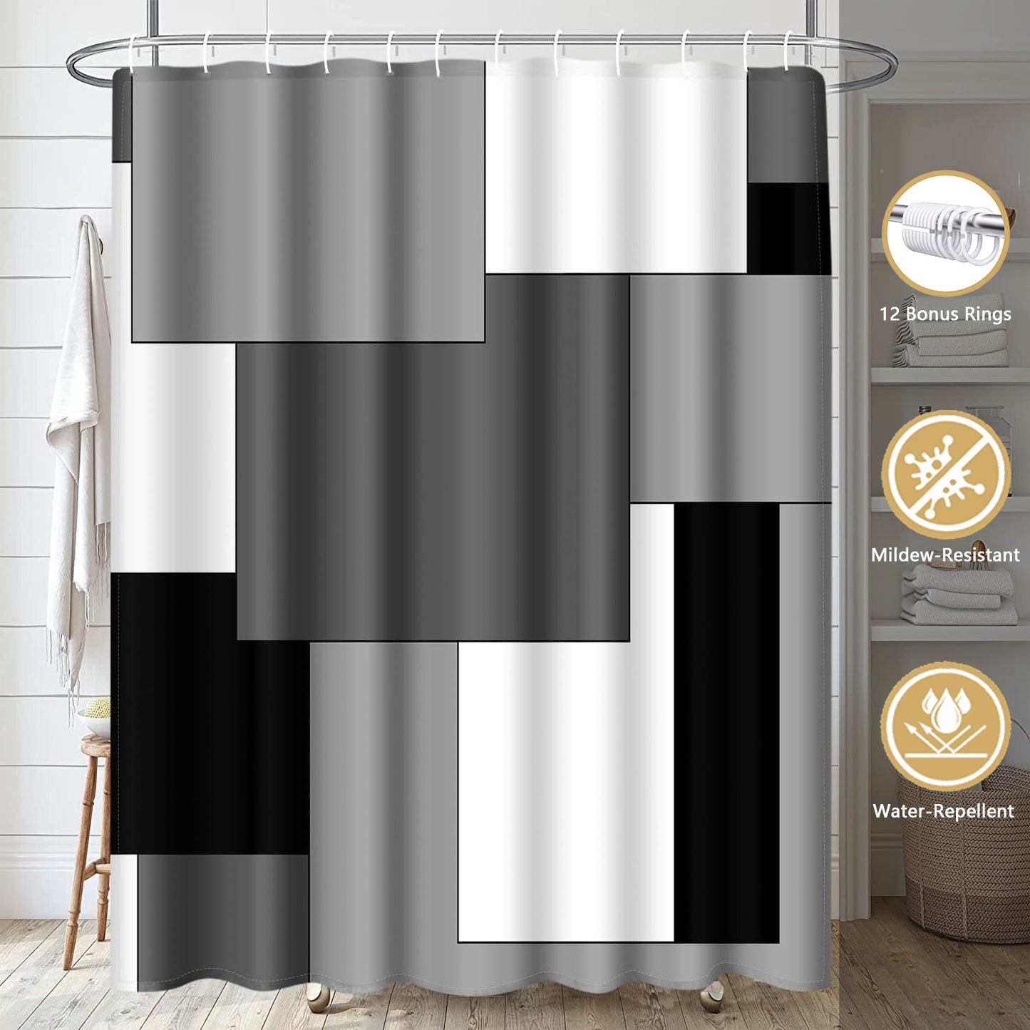 FRAMICS Gray Geometric Shower Curtain and Rug Sets, 16 Pc Black White Checkered Bathroom Sets, Modern Abstract Waterproof Fabric Shower Curtain Sets with 12 Hooks