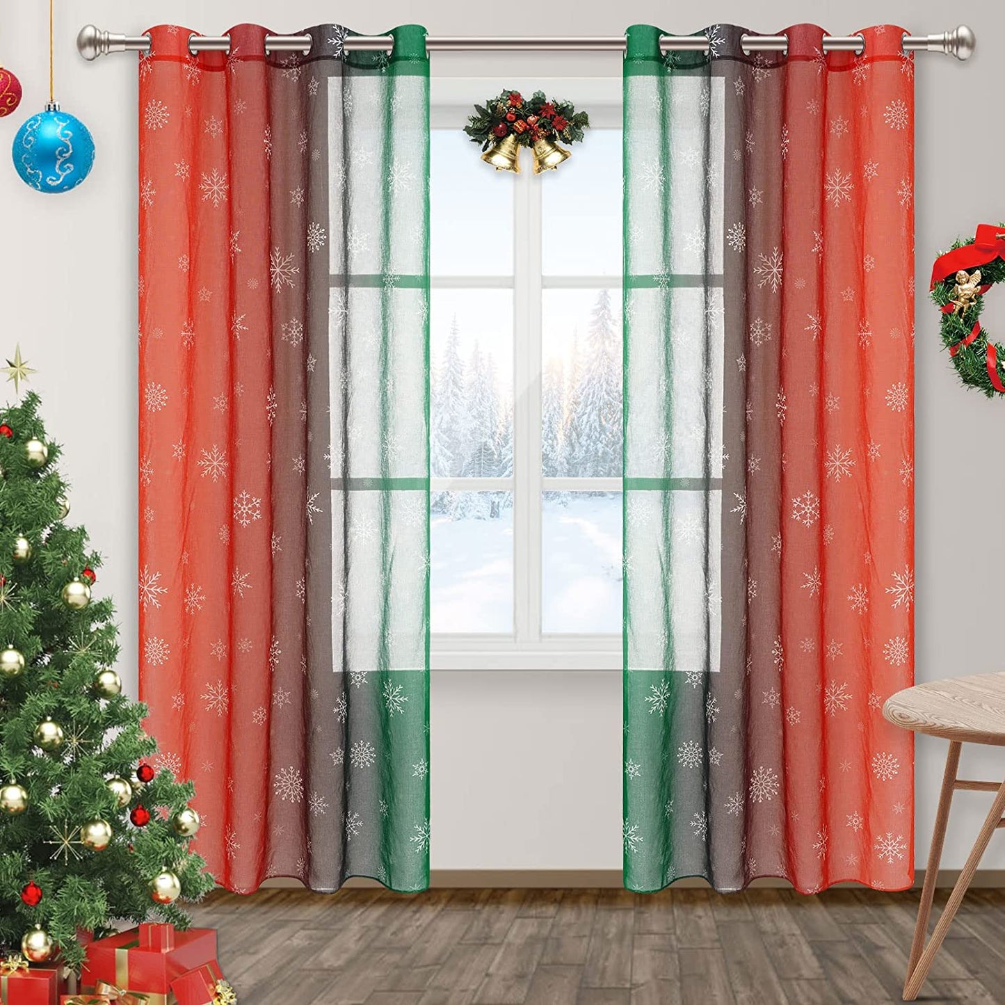 Alishomtll Christmas Sheer Voile Curtain, Light Filtering Grommet Drapes for Bedroom ,2 Panels of 52"w x 84", Red-Green Gradient