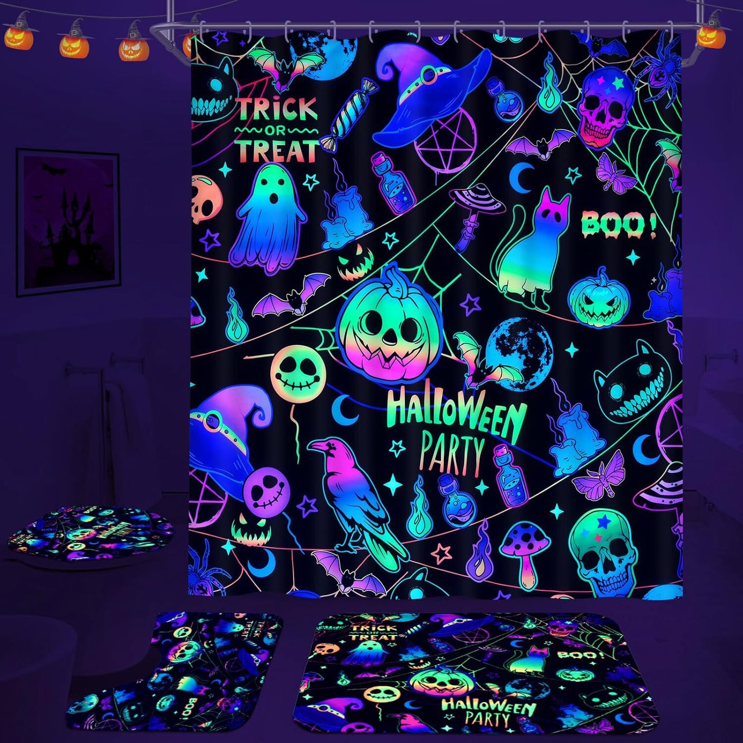 FRAMICS Halloween Blacklight Shower Curtain Sets with Rugs, 16 Pc Colorful Pumpkin Ghost Bathroom Sets, Waterproof Fabric Bathroom Curtain Decor with Hooks
