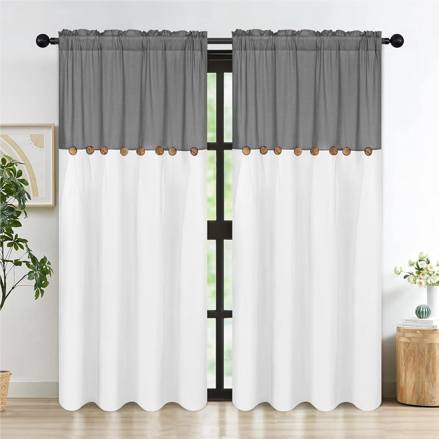 Alishomtll Linen Curtains Farmhouse Boho Button Light Filtering Window Drapes For Living Room Bedroom,Rod Pocket,84"L x 52"W, 2 Panel,Gray White