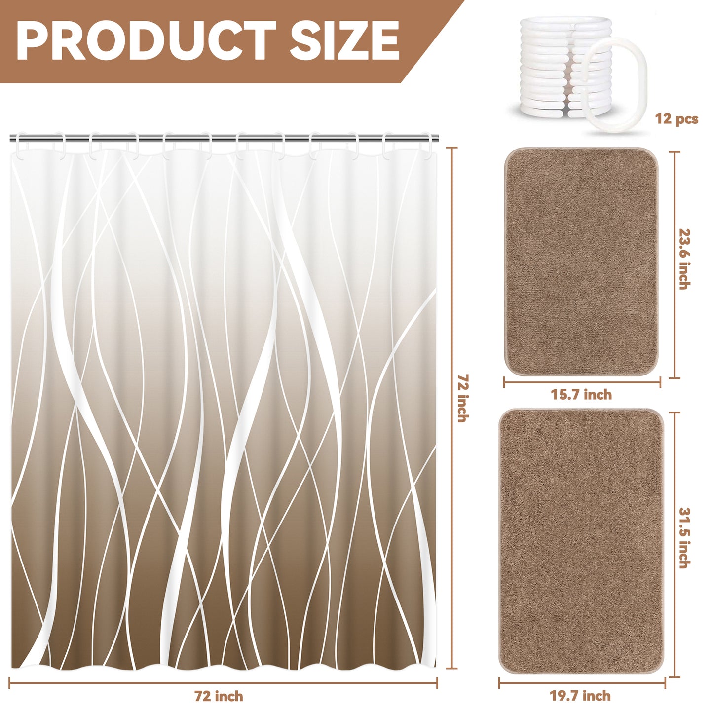 FRAMICS 15-Piece Ombre Brown Bathroom Sets with Shower Curtain and Rugs, Waterproof Fabric Striped Gradient Shower Curtain Sets, 72" x 72"