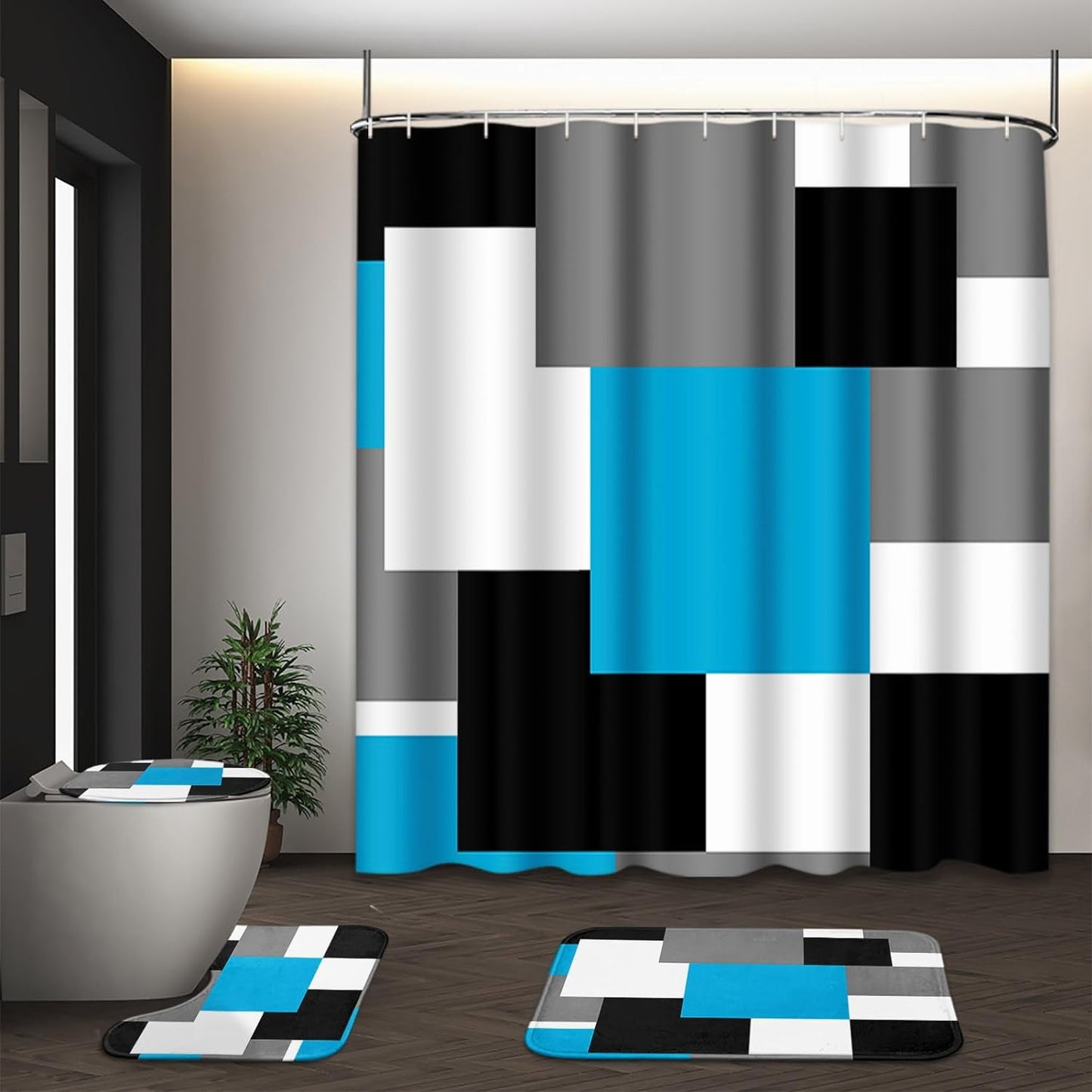 FRAMICS Blue Geometric Shower Curtain and Rug Sets, 16 Pc Black Grey Modern Abstract Bathroom Sets, Waterproof Fabric Shower Curtain with 12 Hooks and Toilet Rugs