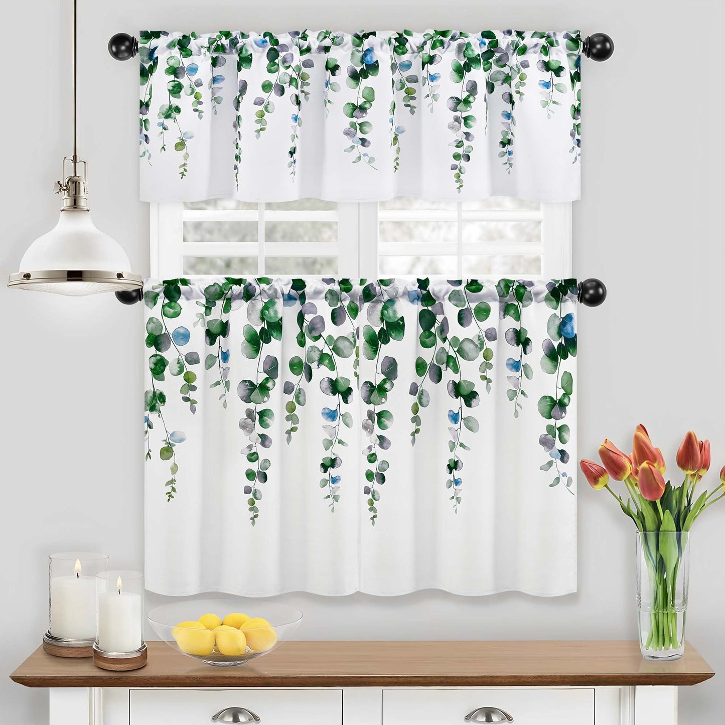 Alishomtll Kitchen Curtains and Valances Sets Grey Green Watercolor Leaves Print Kitchen Curtains 3 Piece Set 36 Inches Long,Rod Pocket