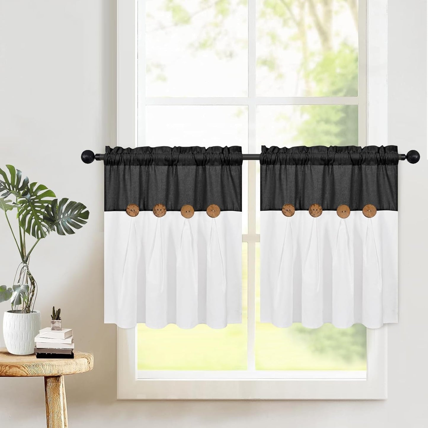 Alishomtll Farmhouse White Solid Print Rustic Rod Pocket Light Filtering Curtain Set, 26" x 24" (2 Panels),Black White