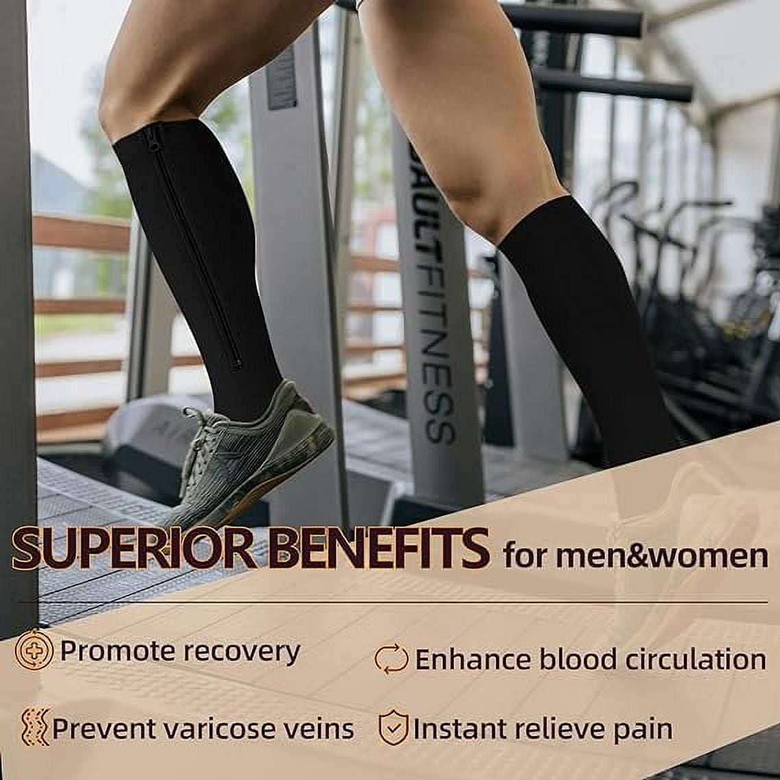2 Pairs Wukang Zipper Compression Socks for Women & Men, 15-20 mmHg Closed Toe Compression Stocking with Zipper (Black+Beige)