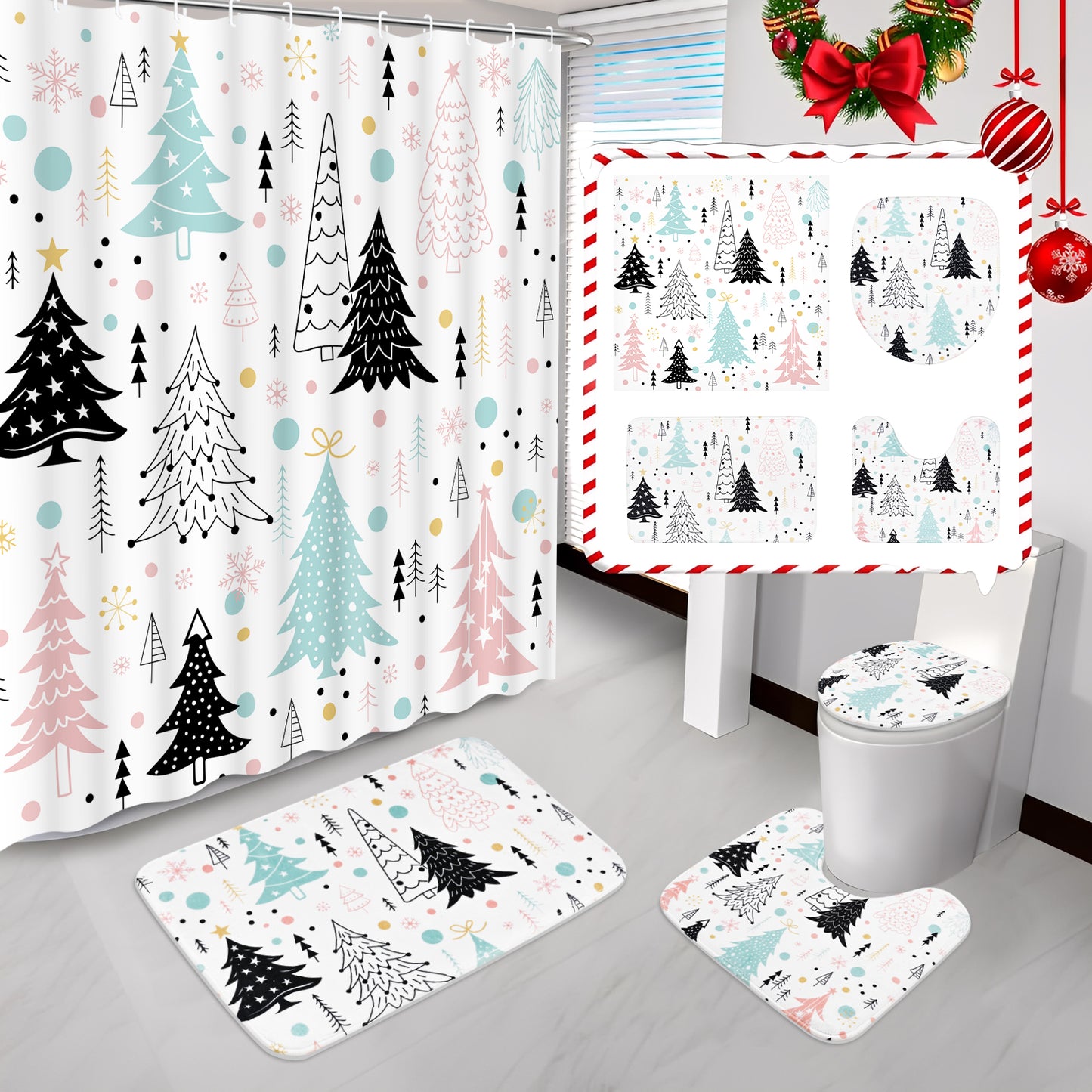FRAMICS Christmas Shower Curtain Sets with Rugs, 16 Pcs Xmas Tree Bathroom Sets, Waterproof Fabric Bathroom Curtain for Home Holiday Decor with Hooks