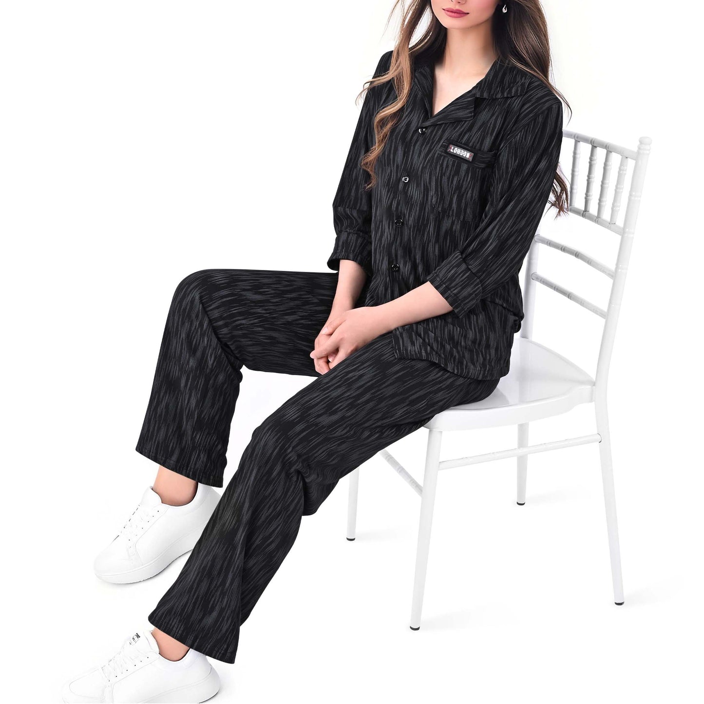 MecTo Womens Pajama Sets Casual with Pockets Lounge Pjs Set Long Sleeve Button Down Shirt and Drawstring Wide Leg Pants Outfits Sets