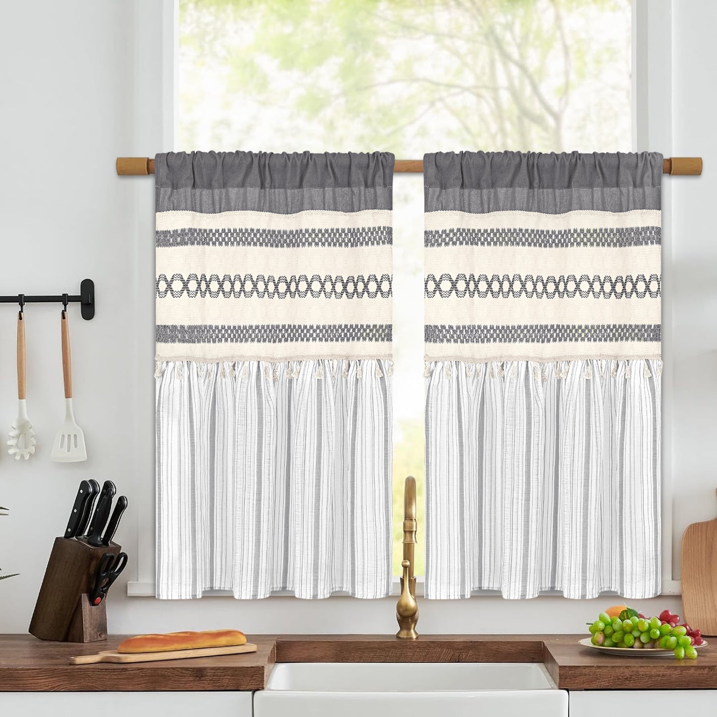 Alishomtll Boho Linen Light Filtering Curtains 84 Inches Long Farmhouse Rustic Striped Drapes Macrame Burlap ,Rod Pocket ,Beige ,with Tassel