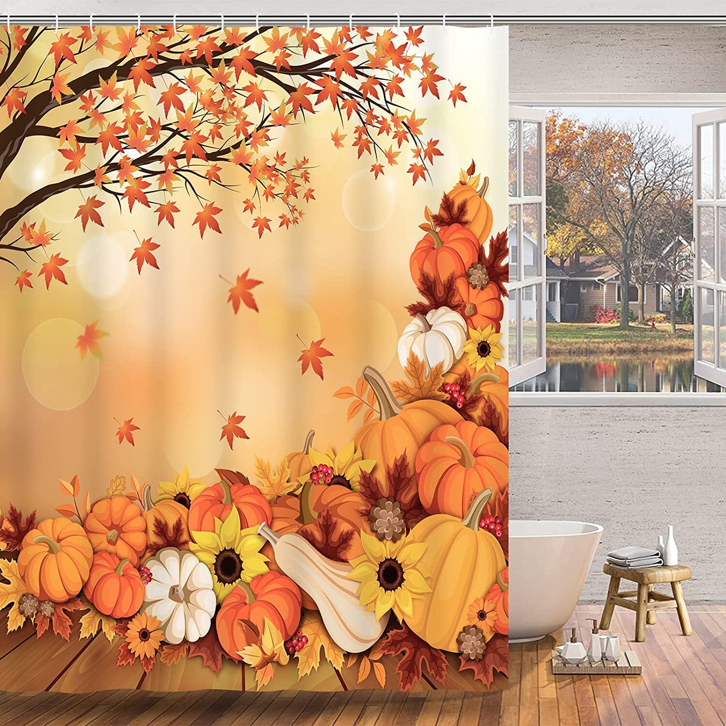 FRAMICS Thanksgiving Shower Curtain Set with Rugs, Orange Maple Leaf Pumpkin Pattern Bathroom Decor Set, Autumn Waterproof Fabric Shower Curtain with 12 Hooks and Toilet Rugs