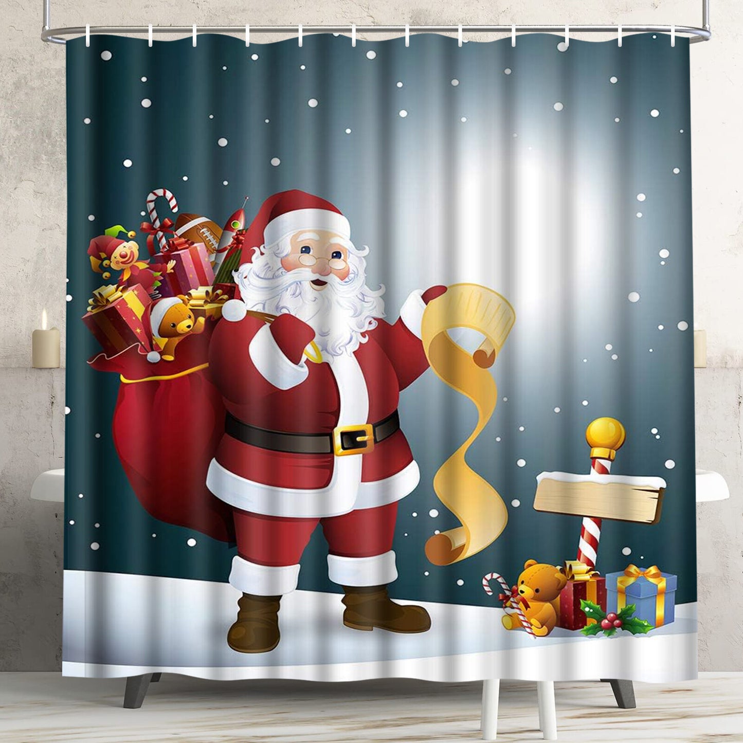 FRAMICS Merry Christmas Shower Curtain Sets with Rugs, Santa Claus Bathroom Decor Set, Blue Xmas Waterproof Fabric Shower Curtain with 12 Hooks and Toilet Rugs