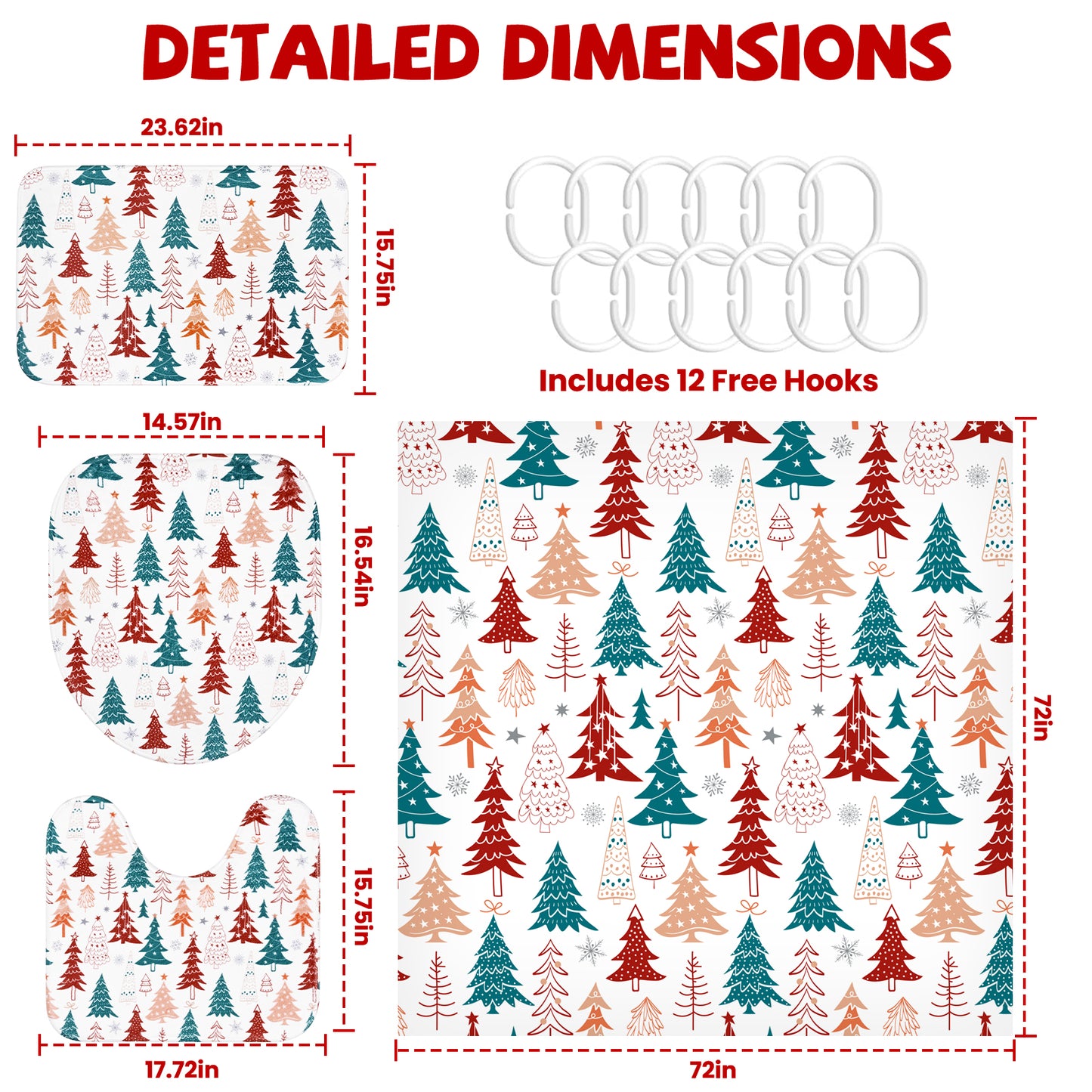 FRAMICS Christmas Shower Curtain Sets with Rugs, 16 Pcs Xmas Tree Snowflake Bathroom Sets, Waterproof Fabric Bathroom Curtain for Home Holiday Decor with Hooks